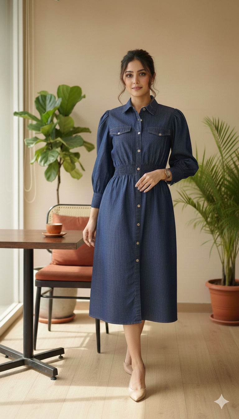 Blue Denim Collared One Piece Dress | Stylish Smocking Pattern Casual Western Dress