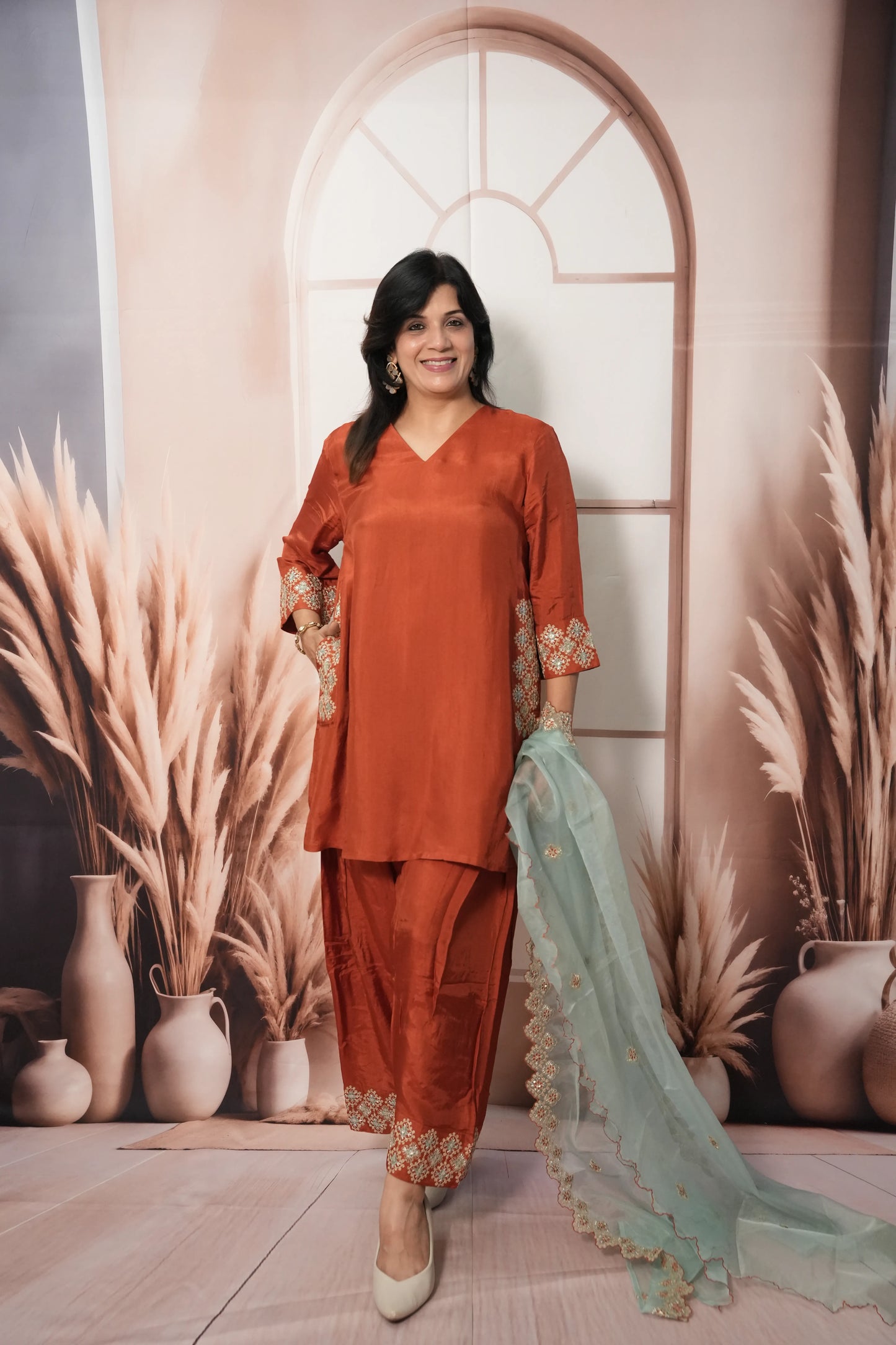 Rust & Sea Green Pure Silk Farsi Salwar Suit Dupatta Set | Zari Work Ethnic Wear