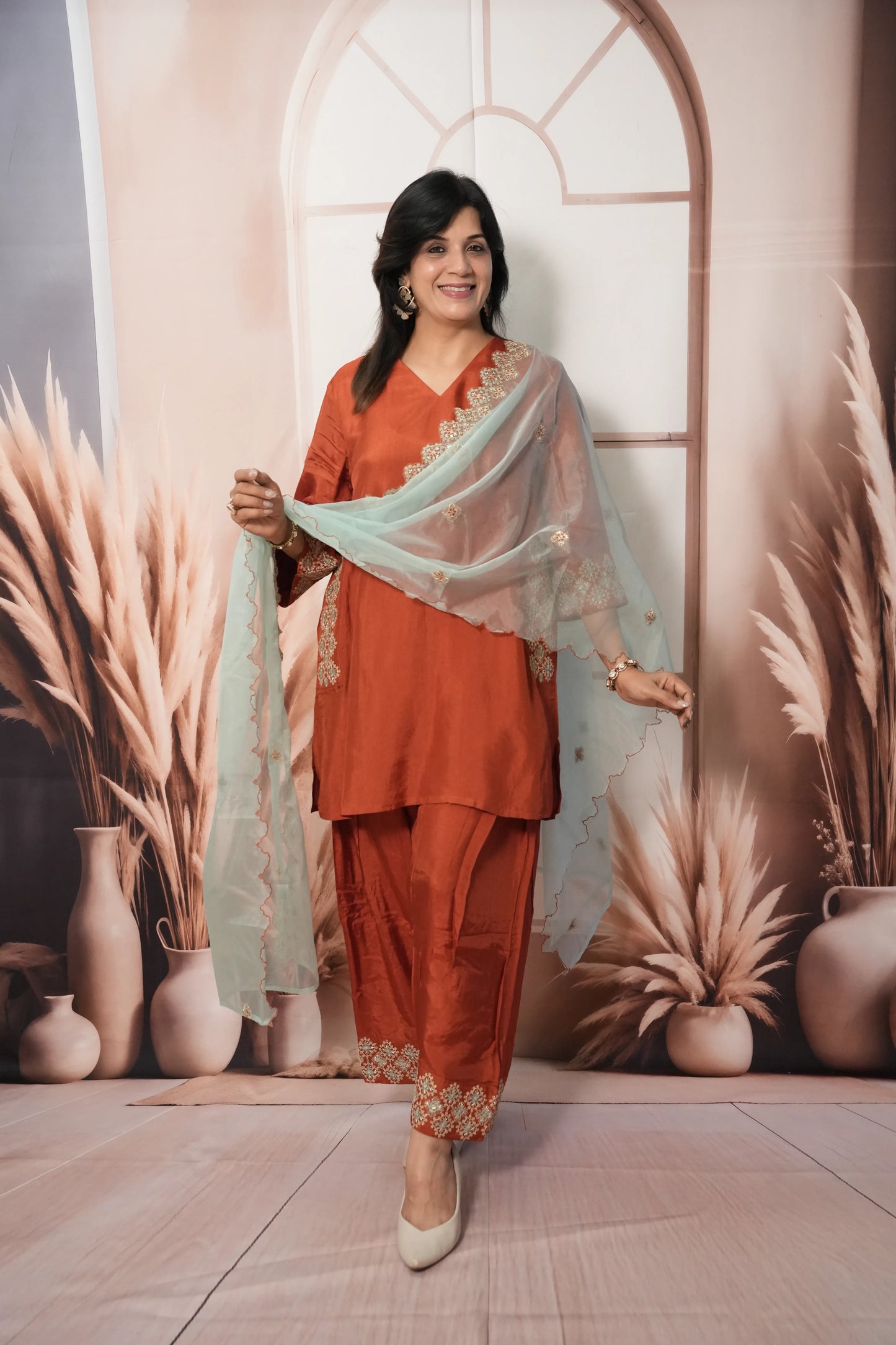 Rust & Sea Green Pure Silk Farsi Salwar Suit Dupatta Set | Zari Work Ethnic Wear