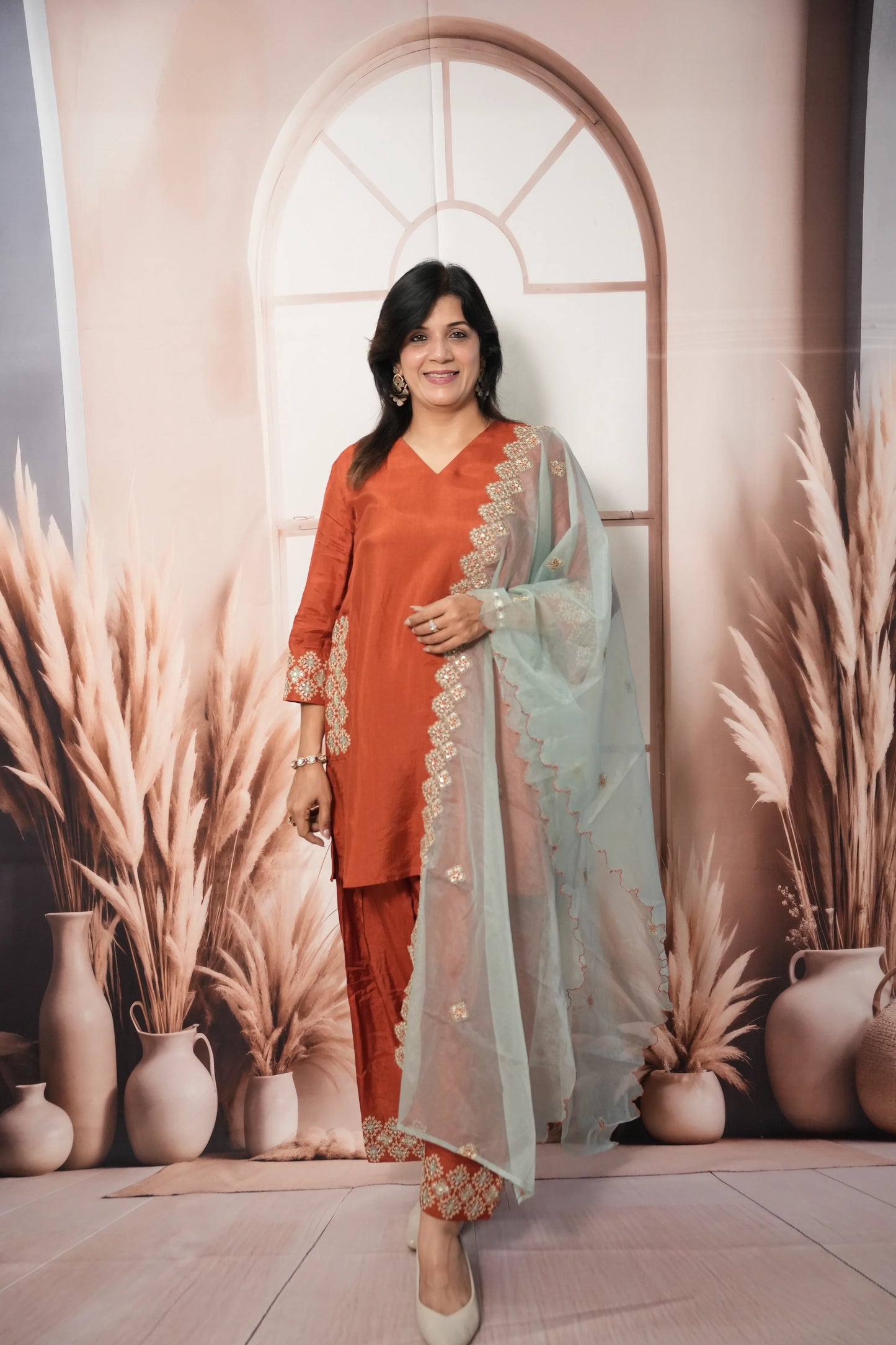 Rust & Sea Green Pure Silk Farsi Salwar Suit Dupatta Set | Zari Work Ethnic Wear