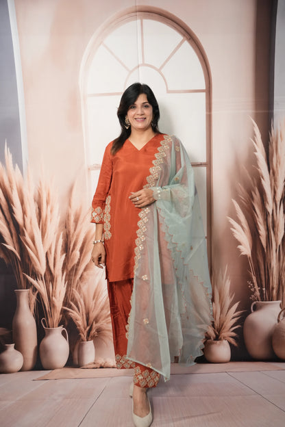 Rust & Sea Green Pure Silk Farsi Salwar Suit Dupatta Set | Zari Work Ethnic Wear