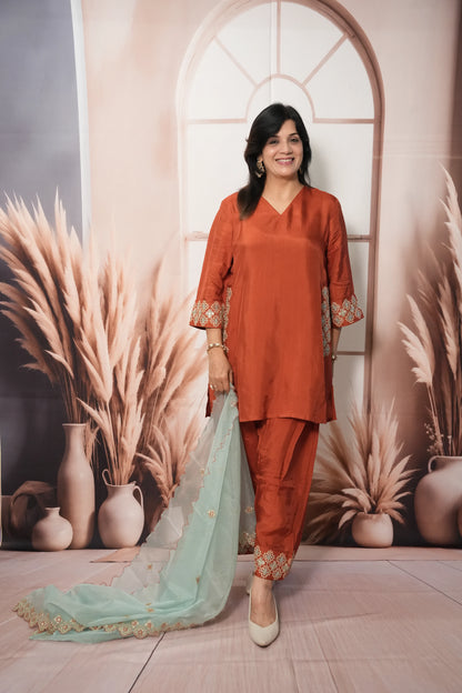 Rust & Sea Green Pure Silk Farsi Salwar Suit Dupatta Set | Zari Work Ethnic Wear