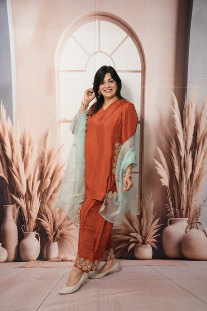 Rust & Sea Green Pure Silk Farsi Salwar Suit Dupatta Set | Zari Work Ethnic Wear