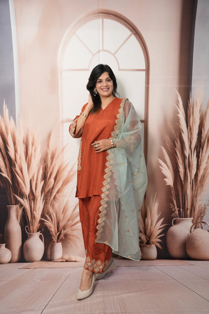 Rust & Sea Green Pure Silk Farsi Salwar Suit Dupatta Set | Zari Work Ethnic Wear