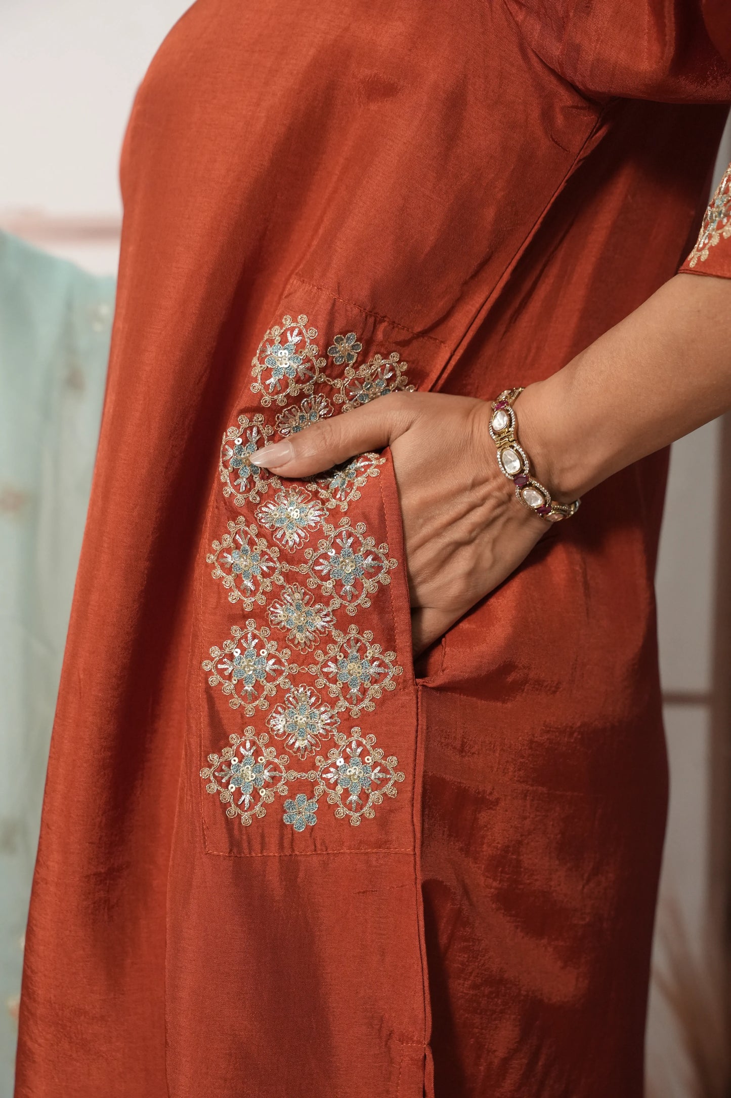 Rust & Sea Green Pure Silk Farsi Salwar Suit Dupatta Set | Zari Work Ethnic Wear