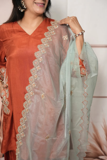 Rust & Sea Green Pure Silk Farsi Salwar Suit Dupatta Set | Zari Work Ethnic Wear