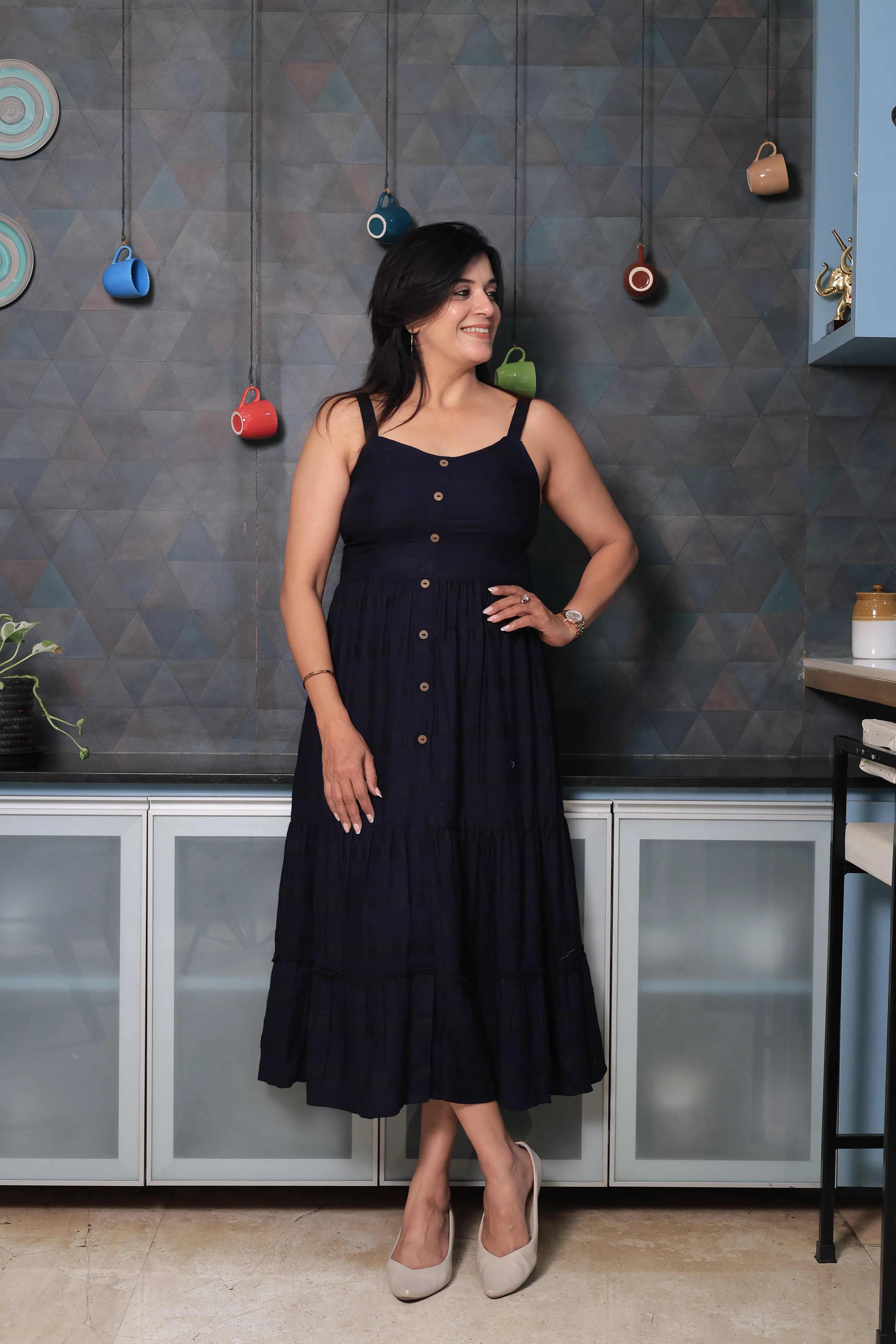 Dark Navy Spaghetti Strap One Piece Dress | Stripe Threading Detail | Cotton Summer Dress