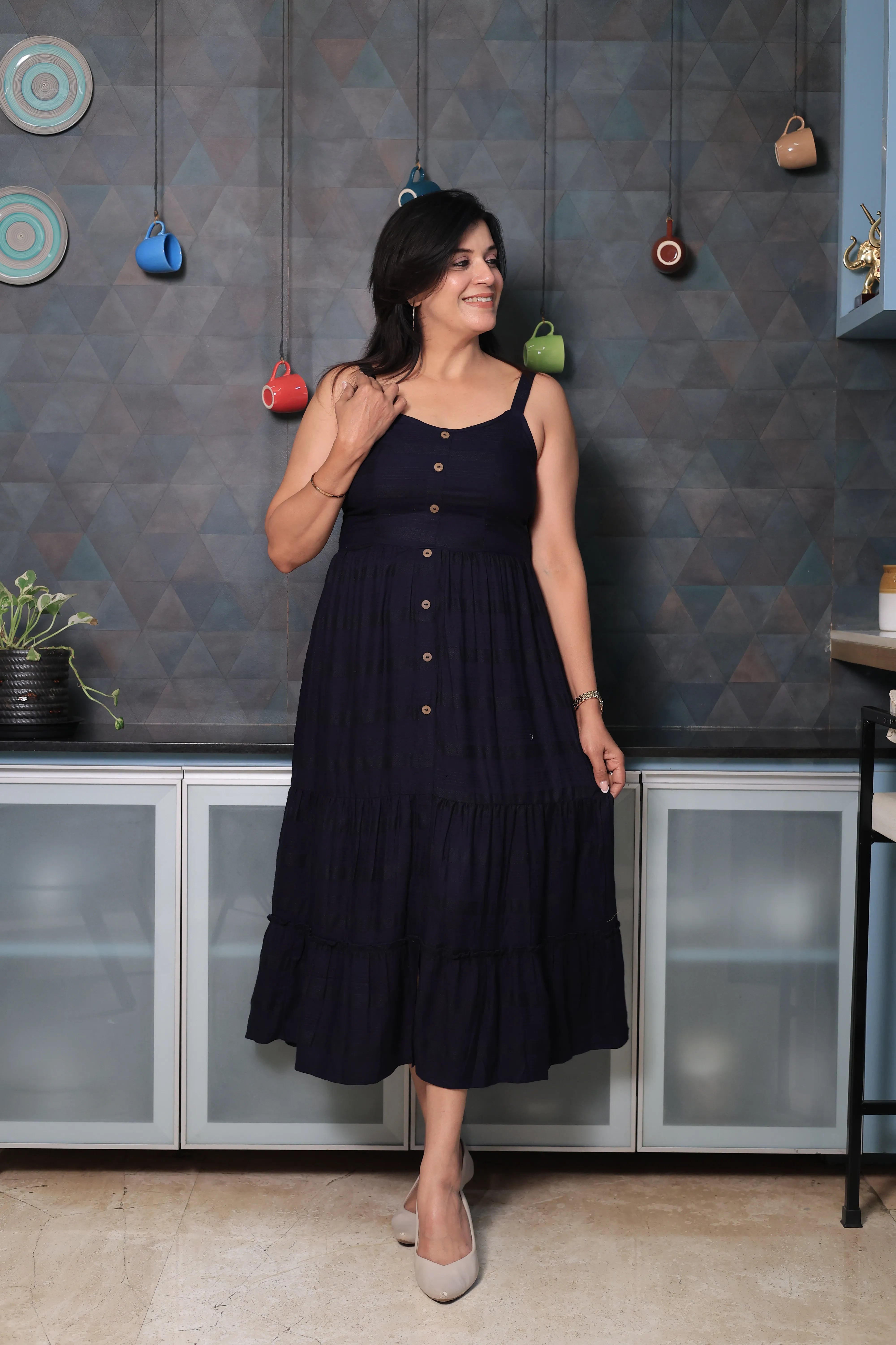 Dark Navy Spaghetti Strap One Piece Dress | Stripe Threading Detail | Cotton Summer Dress