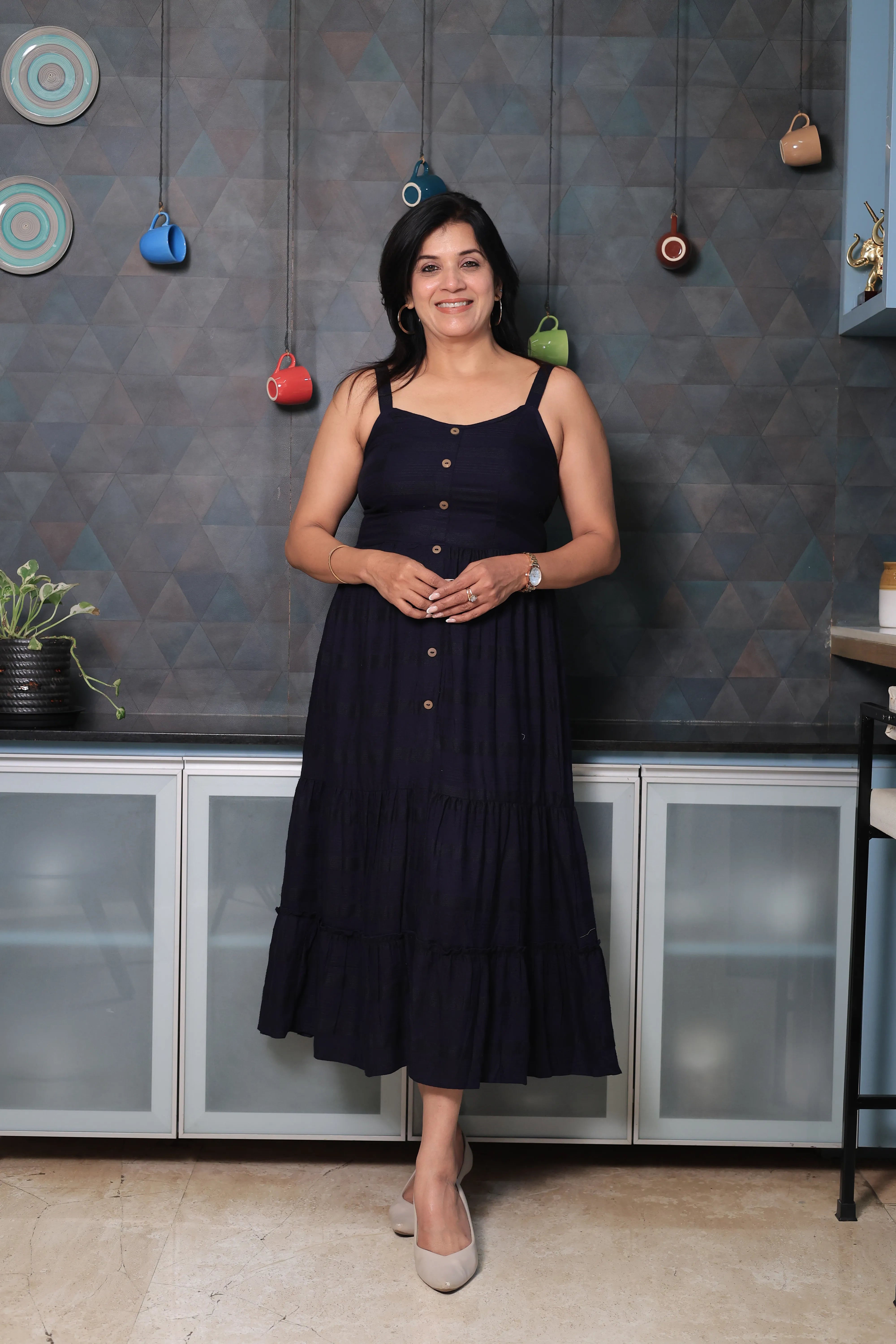 Dark Navy Spaghetti Strap One Piece Dress | Stripe Threading Detail | Cotton Summer Dress