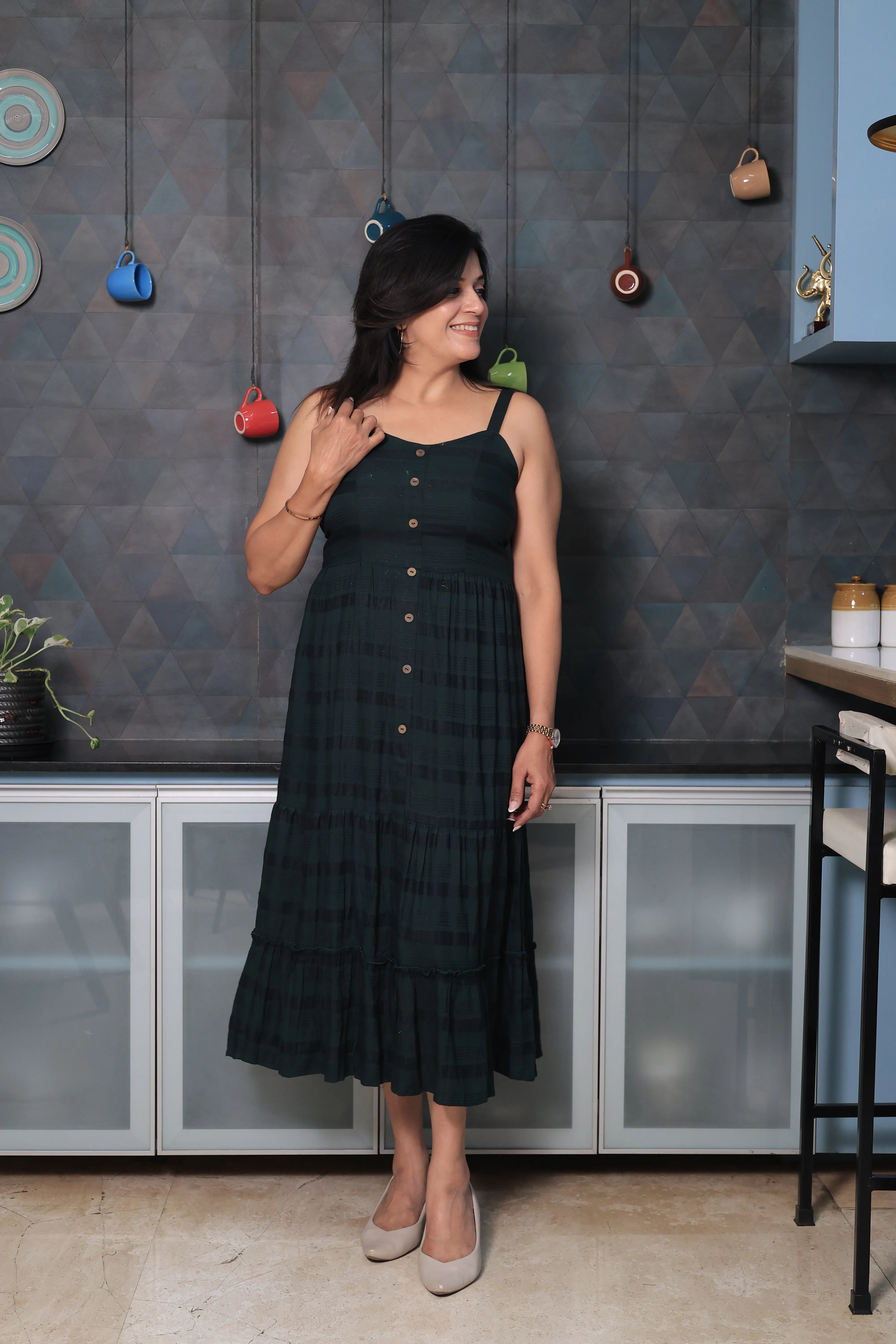 Bottle green Spaghetti Strap One Piece Dress | Stripe Threading Detail | Cotton Summer Dress