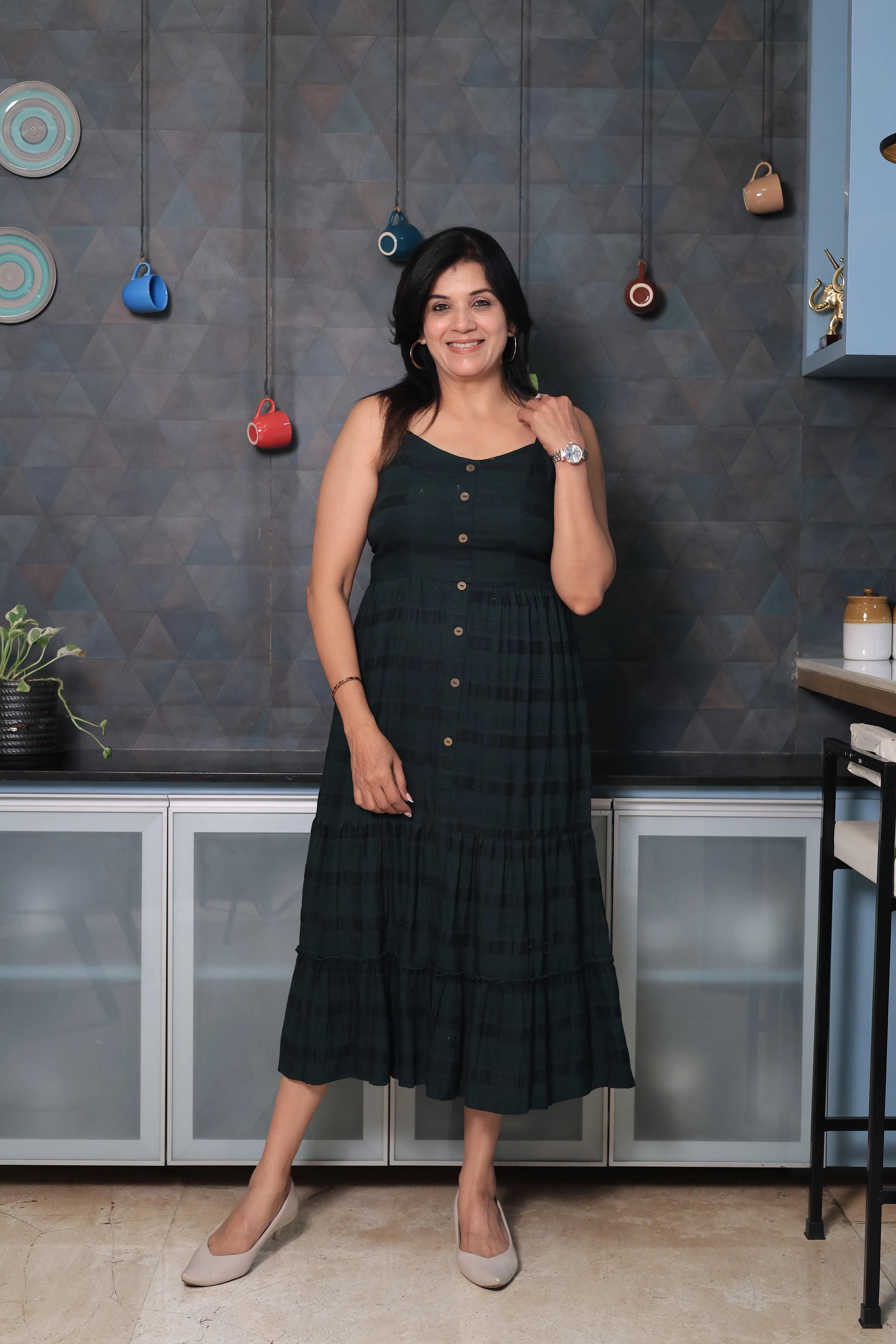 Bottle green Spaghetti Strap One Piece Dress | Stripe Threading Detail | Cotton Summer Dress