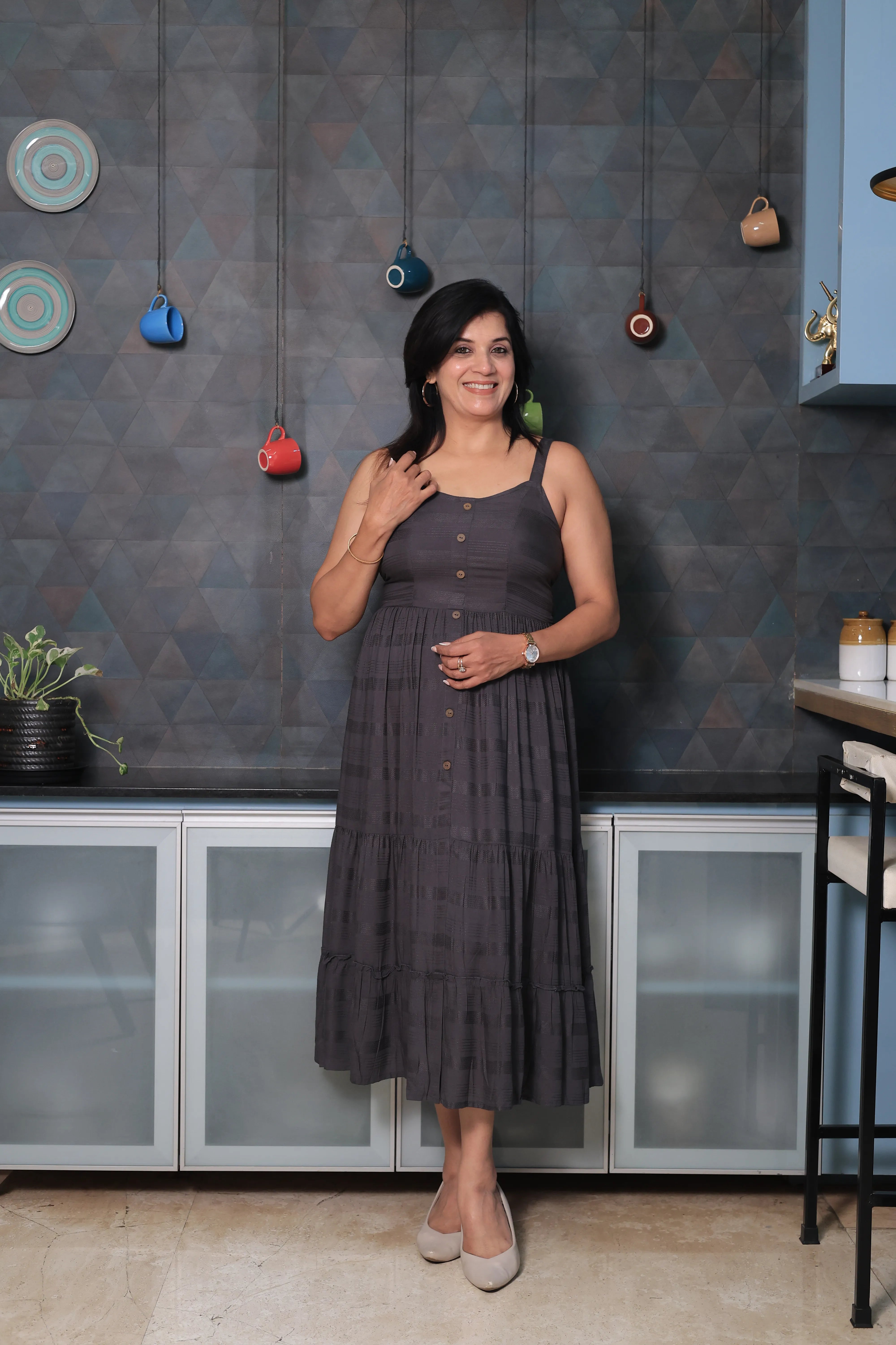 Iron Gray Spaghetti Strap One Piece Dress | Stripe Threading Detail | Cotton Summer Dress