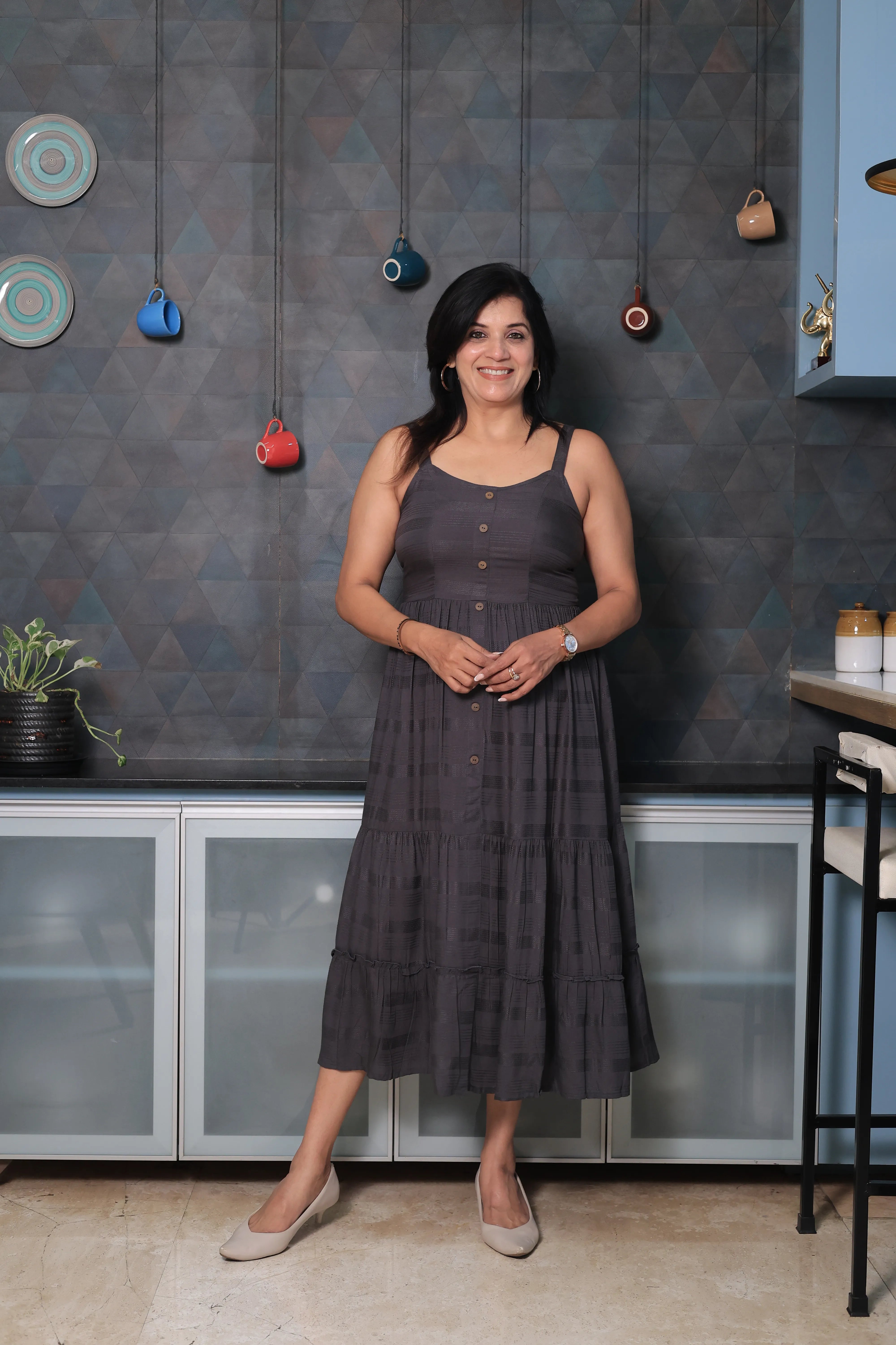 Iron Gray Spaghetti Strap One Piece Dress | Stripe Threading Detail | Cotton Summer Dress