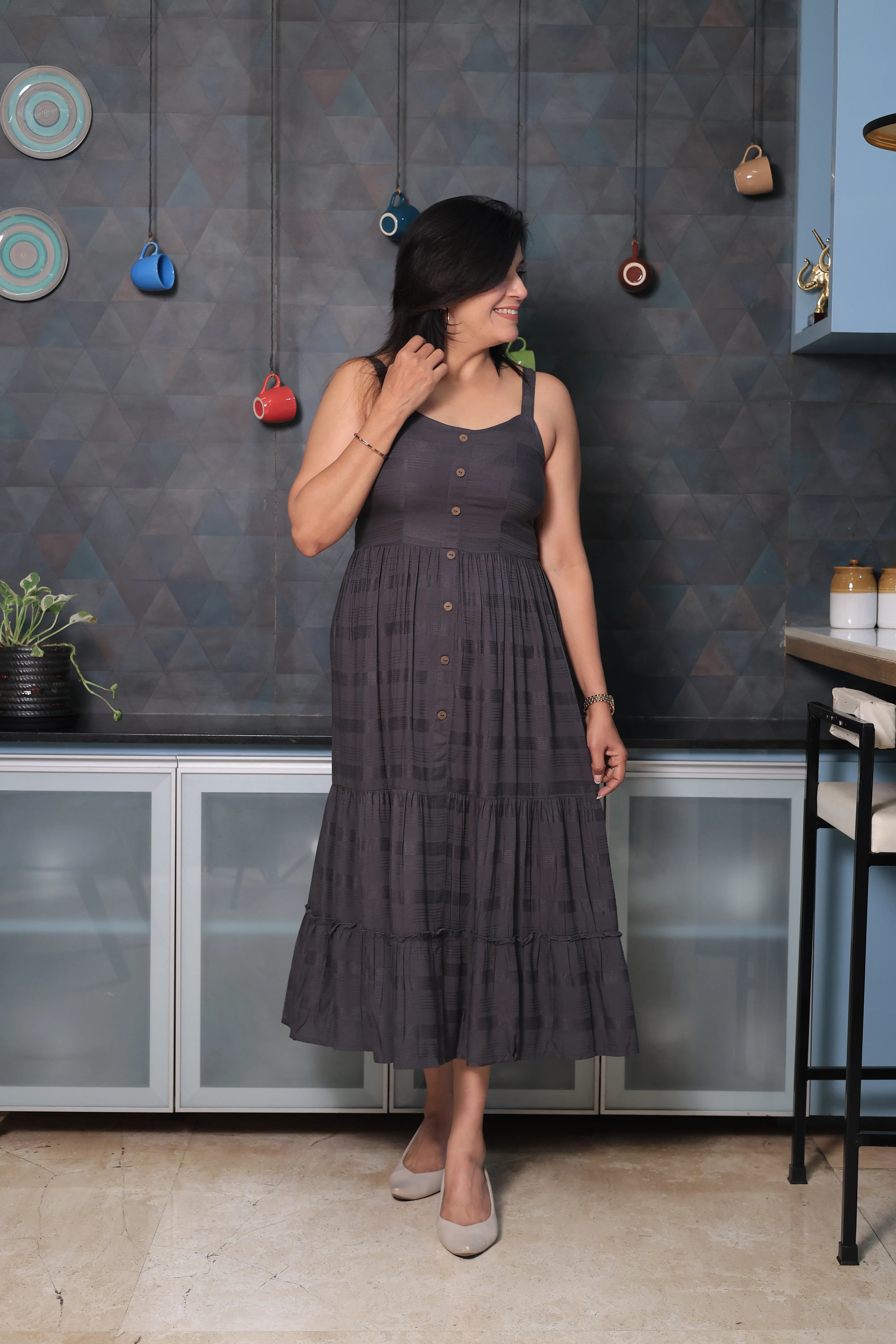 Iron Gray Spaghetti Strap One Piece Dress | Stripe Threading Detail | Cotton Summer Dress