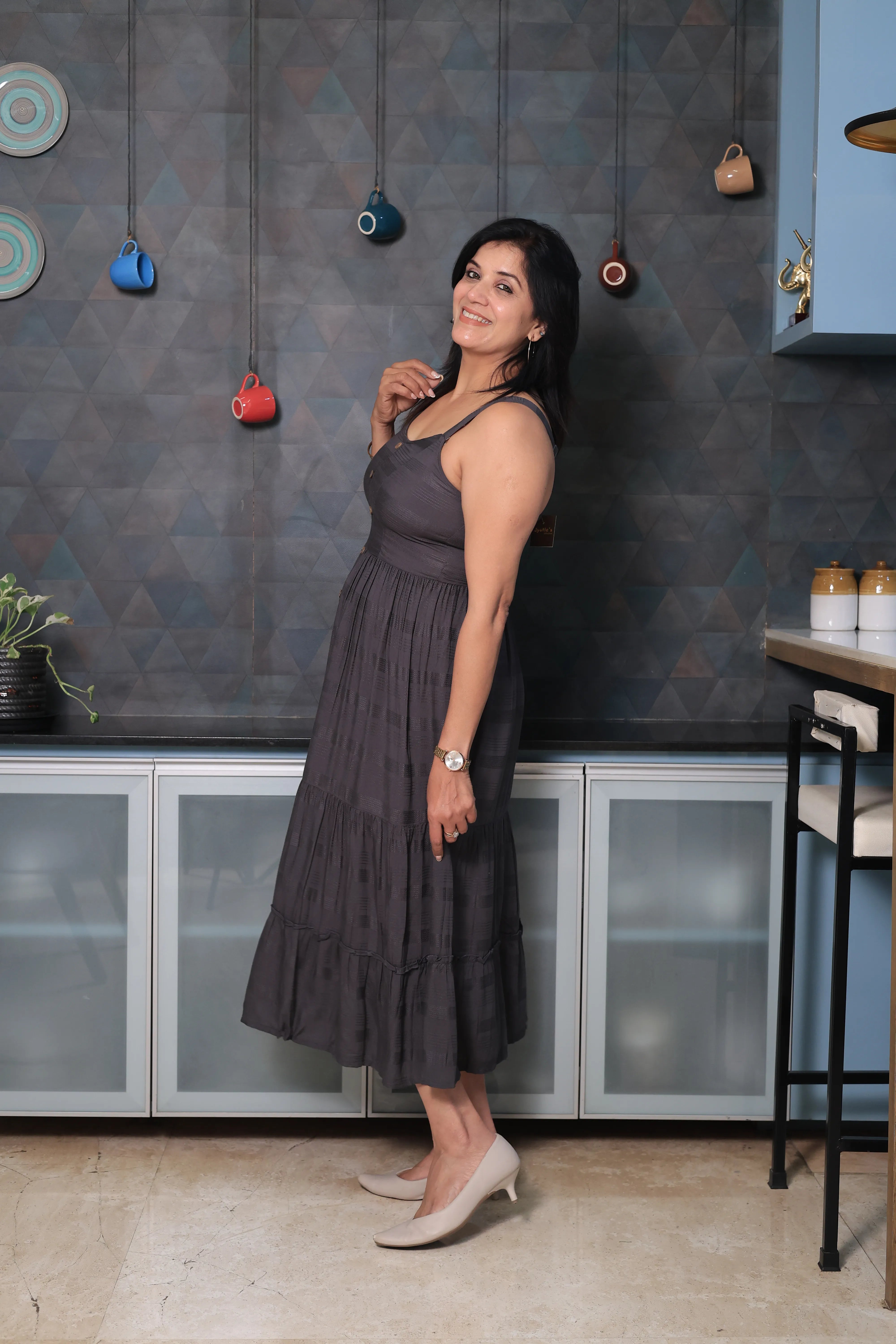Iron Gray Spaghetti Strap One Piece Dress | Stripe Threading Detail | Cotton Summer Dress