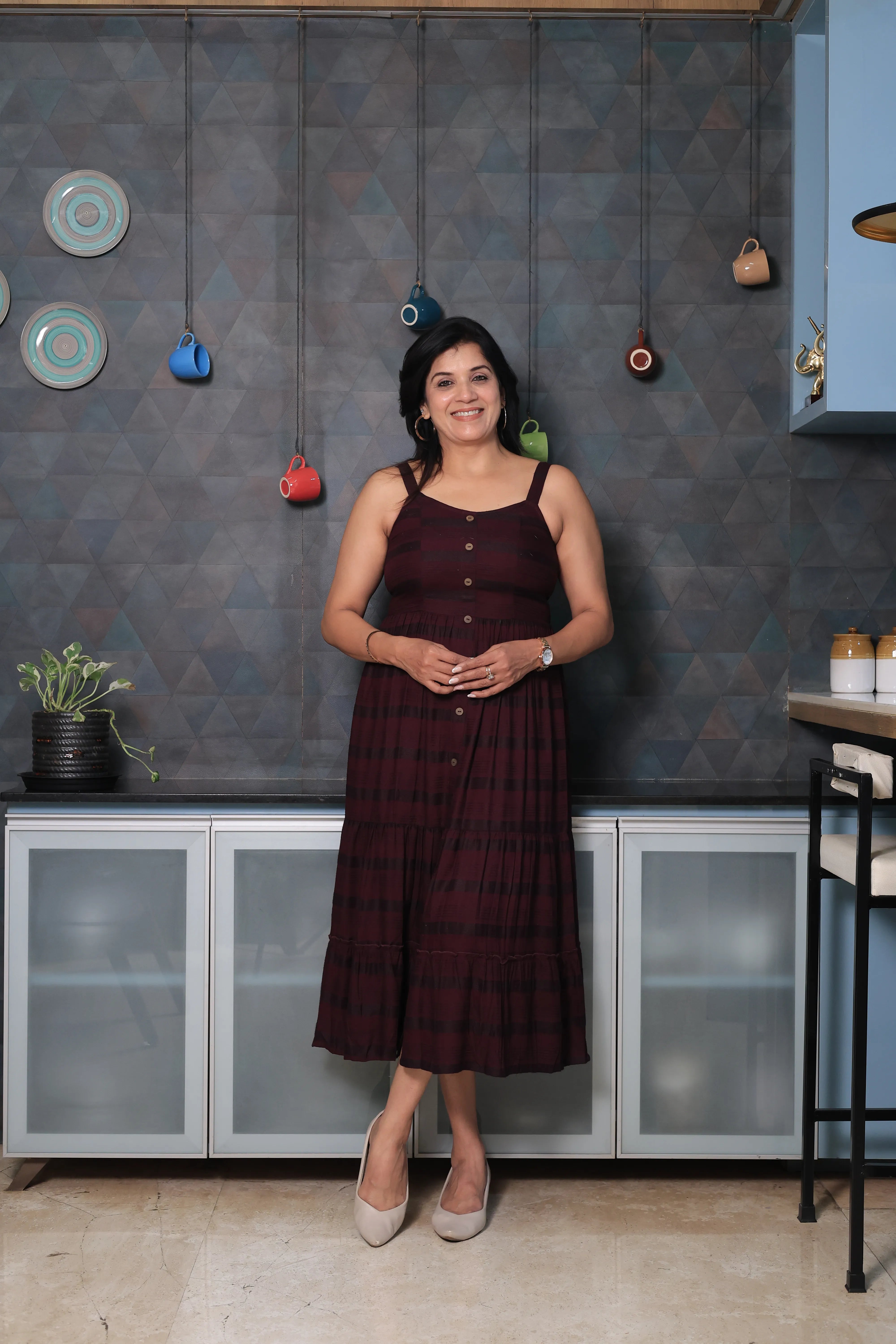 Dark Wine Spaghetti Strap One Piece Dress | Stripe Threading Detail | Cotton Summer Dress