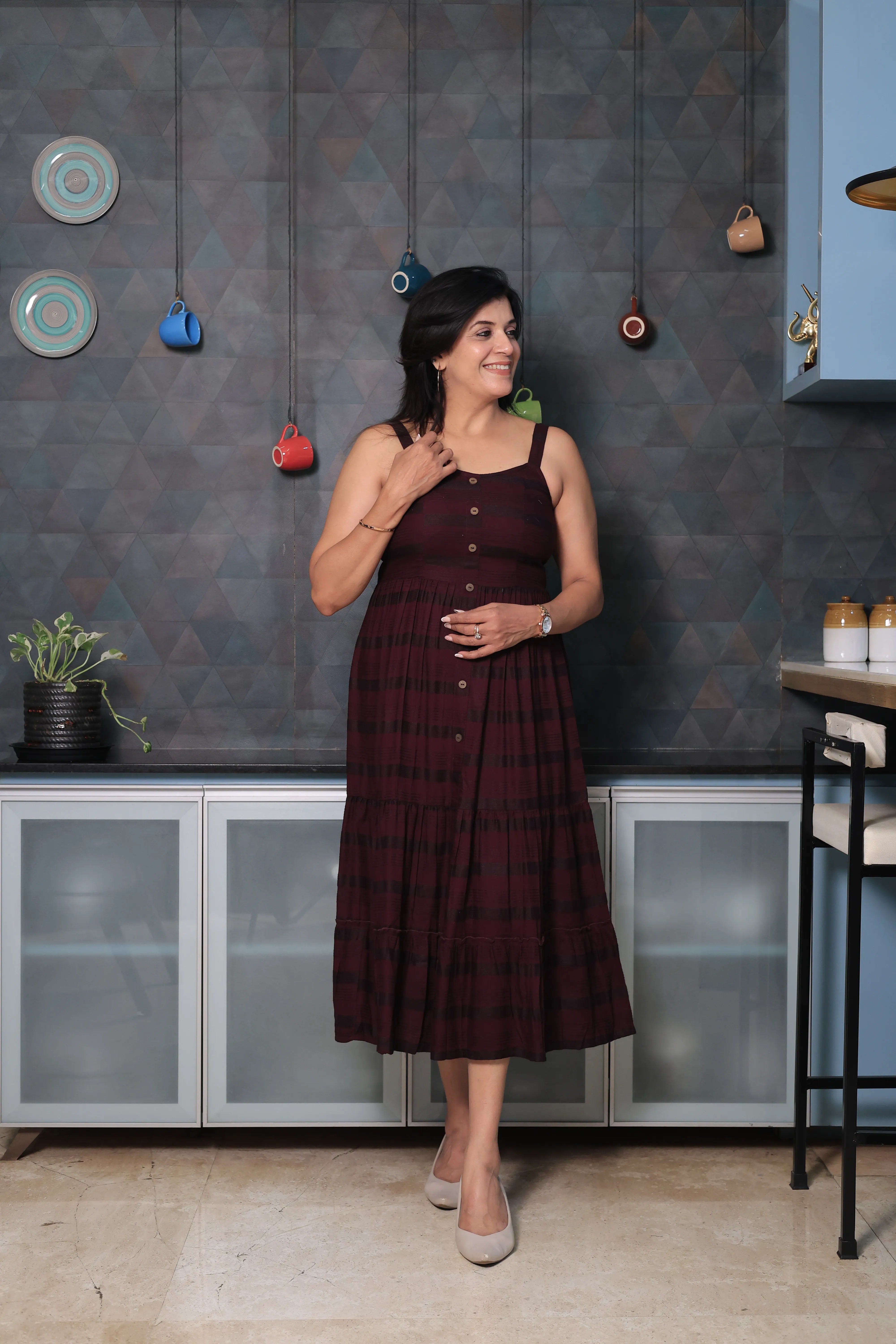 Dark Wine Spaghetti Strap One Piece Dress | Stripe Threading Detail | Cotton Summer Dress