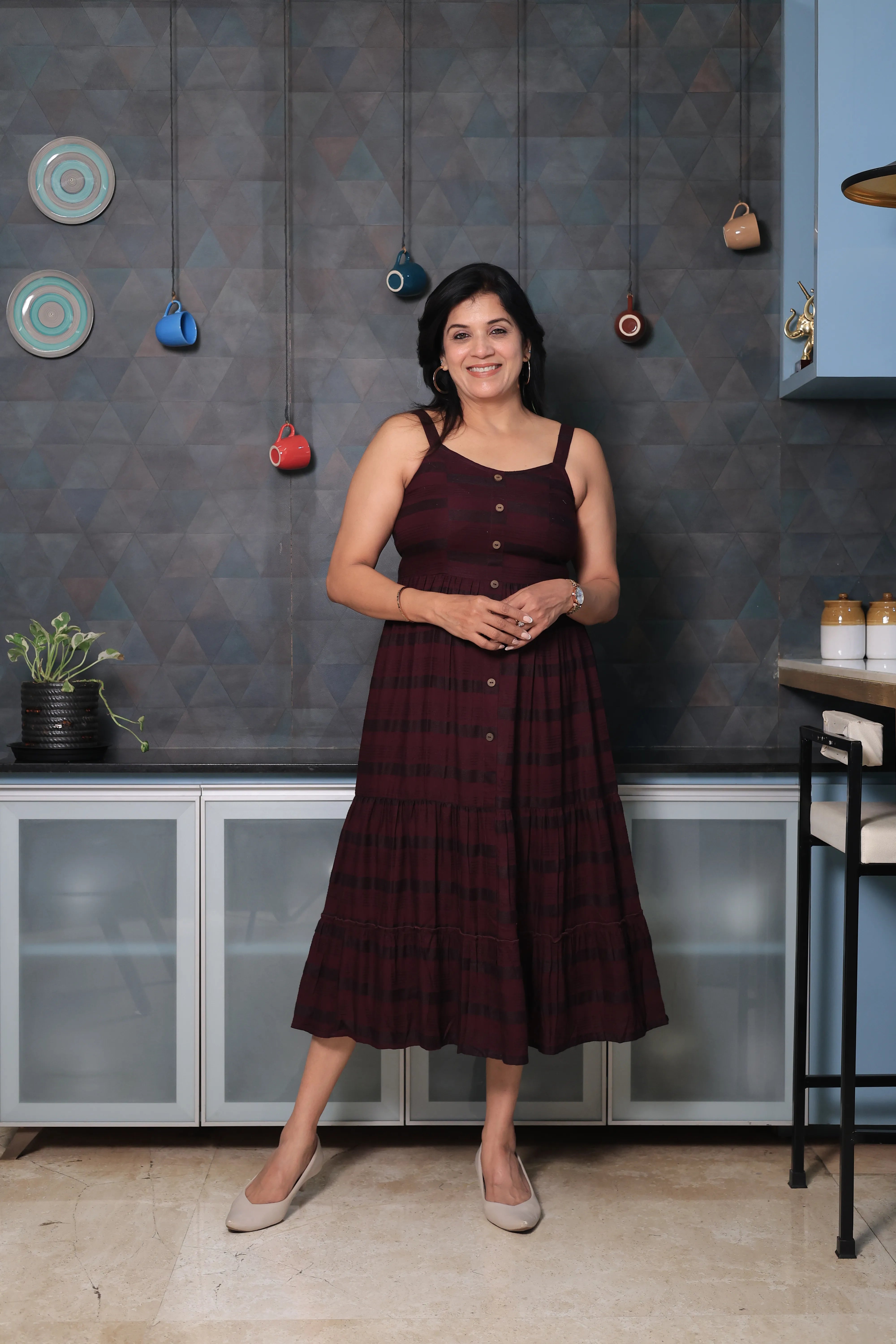 Dark Wine Spaghetti Strap One Piece Dress | Stripe Threading Detail | Cotton Summer Dress