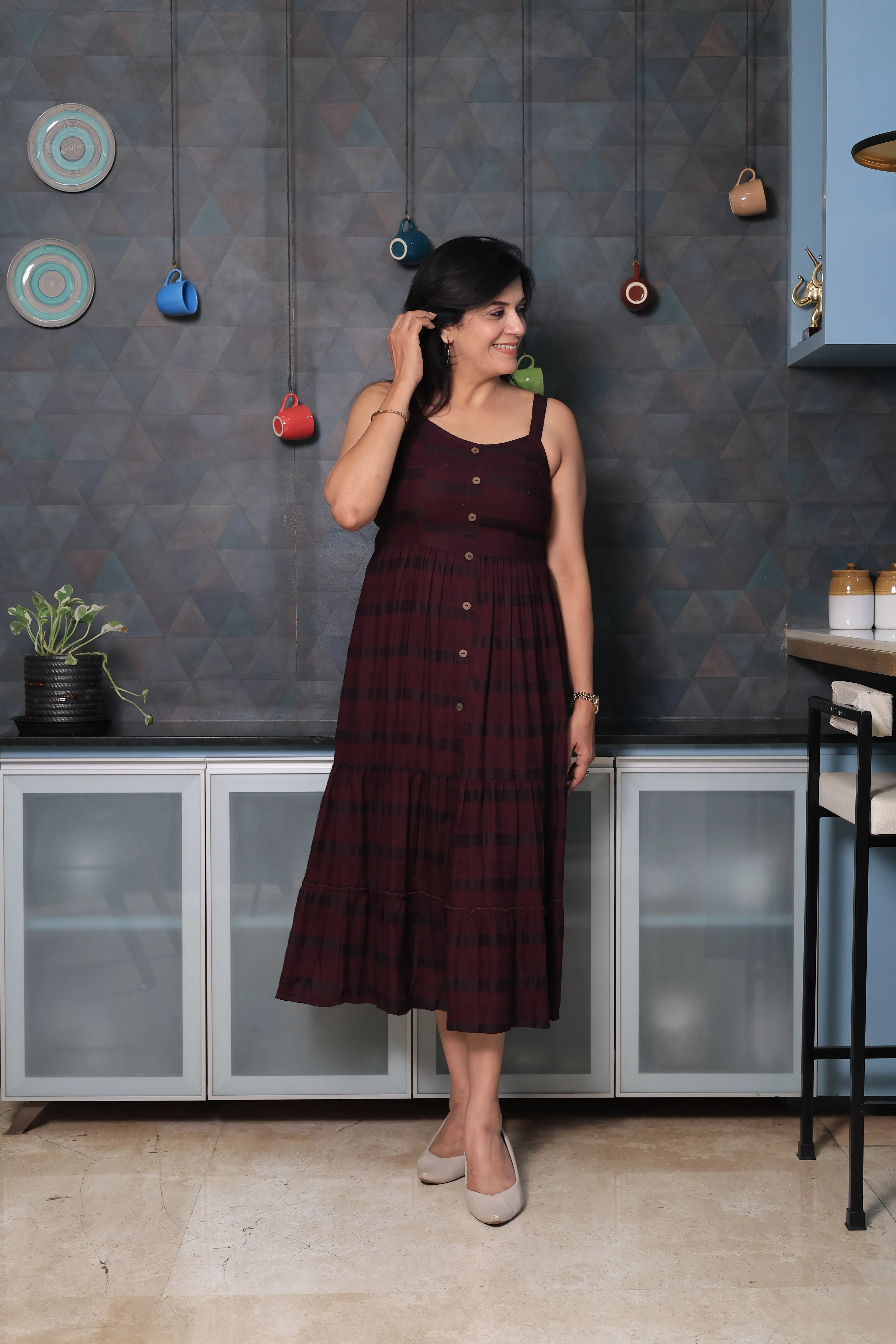 Dark Wine Spaghetti Strap One Piece Dress | Stripe Threading Detail | Cotton Summer Dress