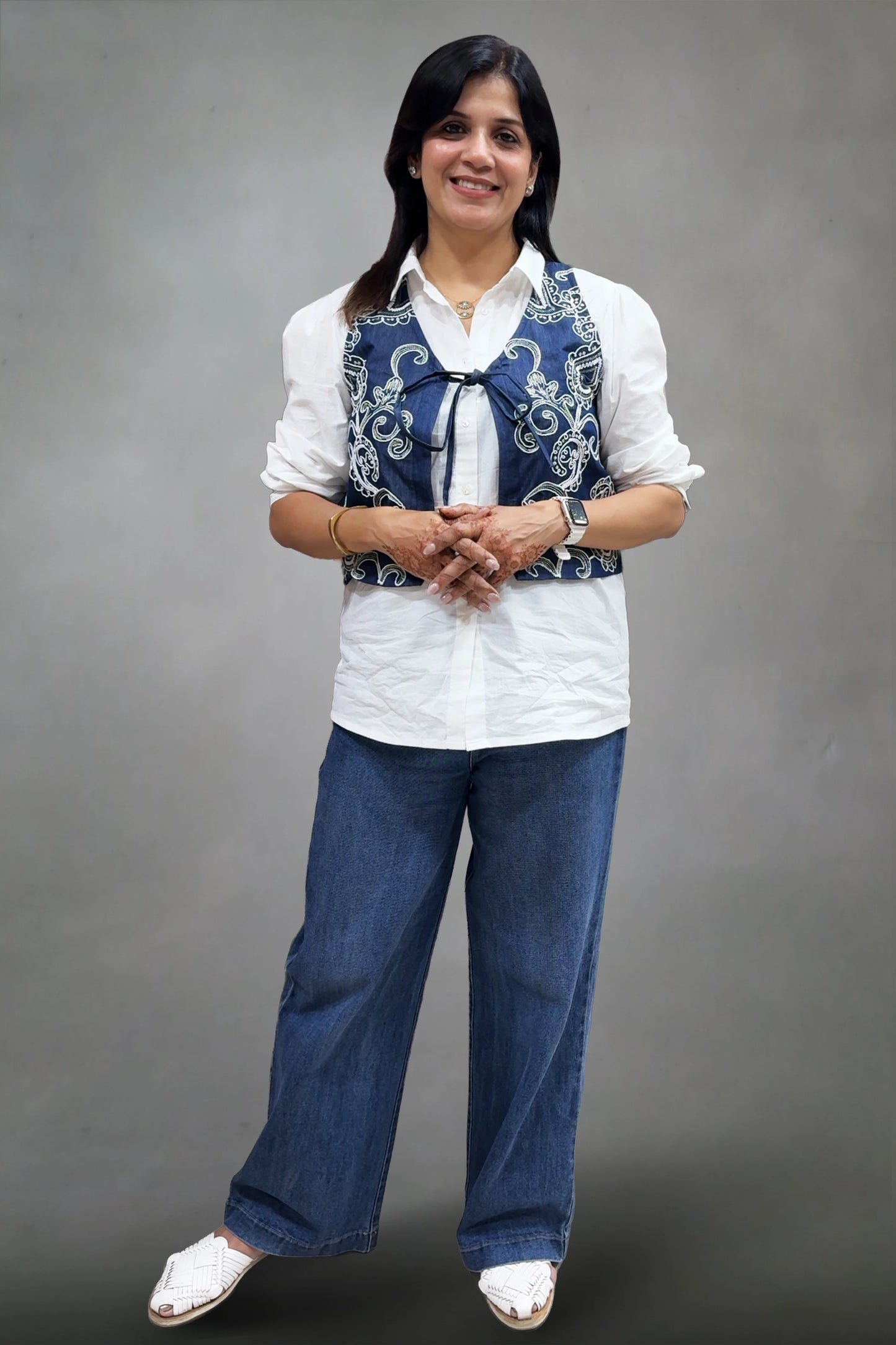 White Cotton & Denim Shirt with Embroidered Waistcoat | Contemporary Fusion Wear
