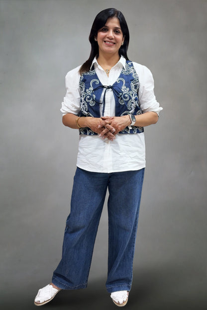 White Cotton & Denim Shirt with Embroidered Waistcoat | Contemporary Fusion Wear