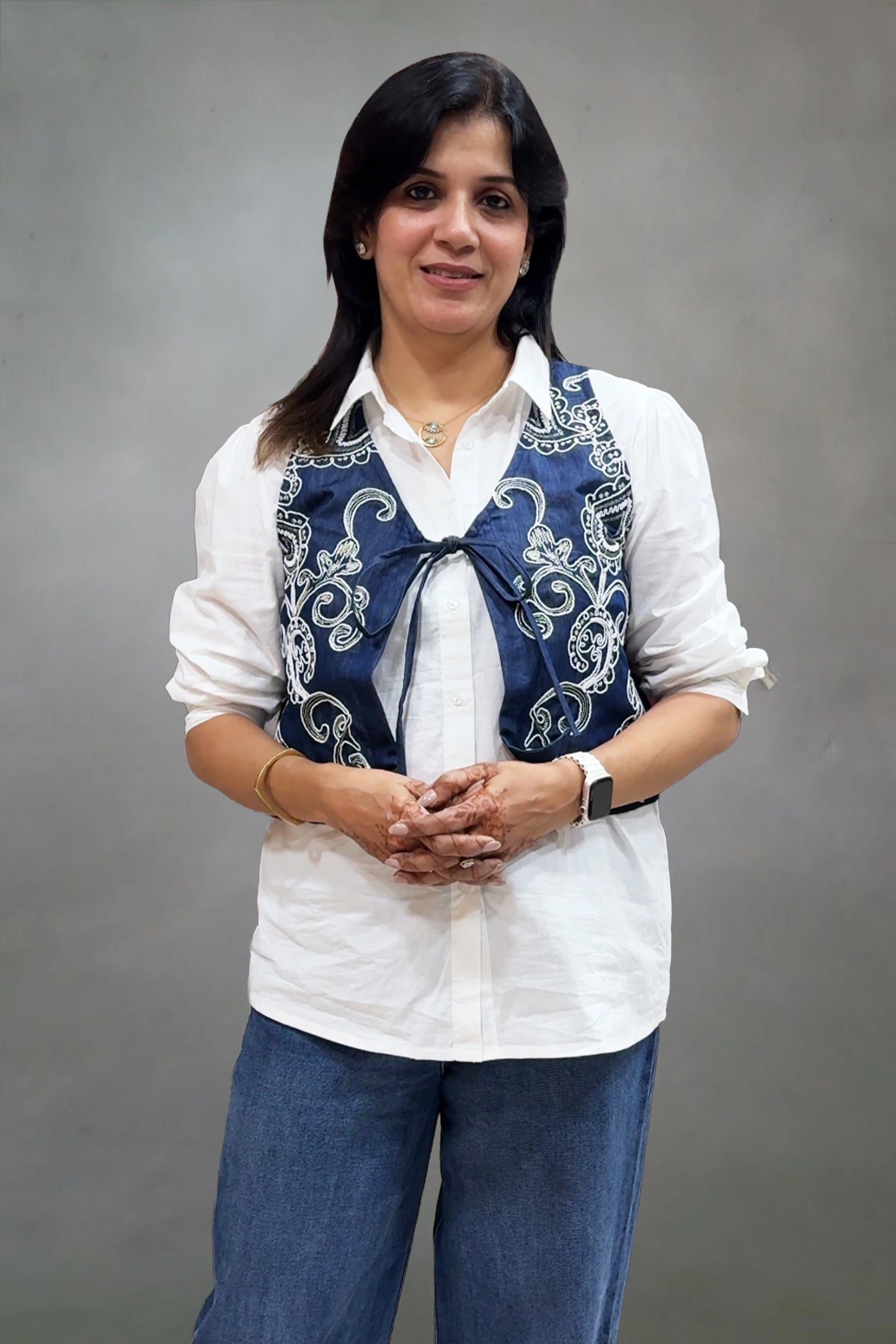 White Cotton & Denim Shirt with Embroidered Waistcoat | Contemporary Fusion Wear