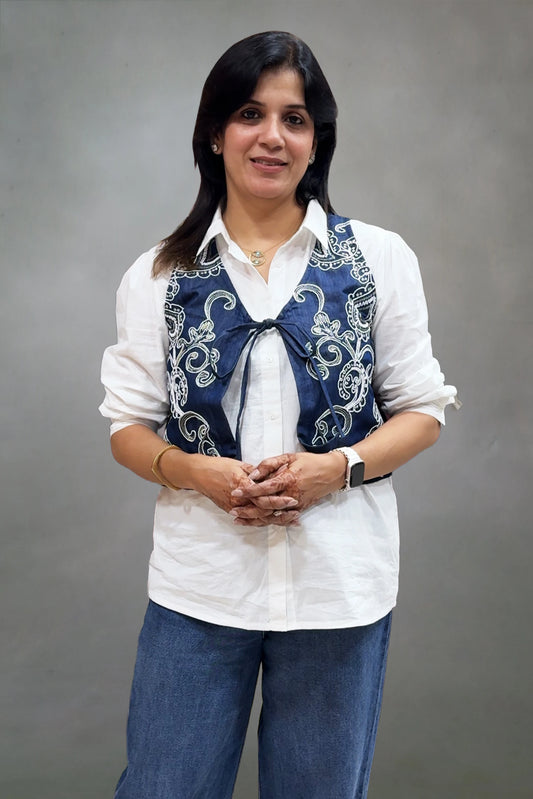 White Cotton & Denim Shirt with Embroidered Waistcoat | Contemporary Fusion Wear