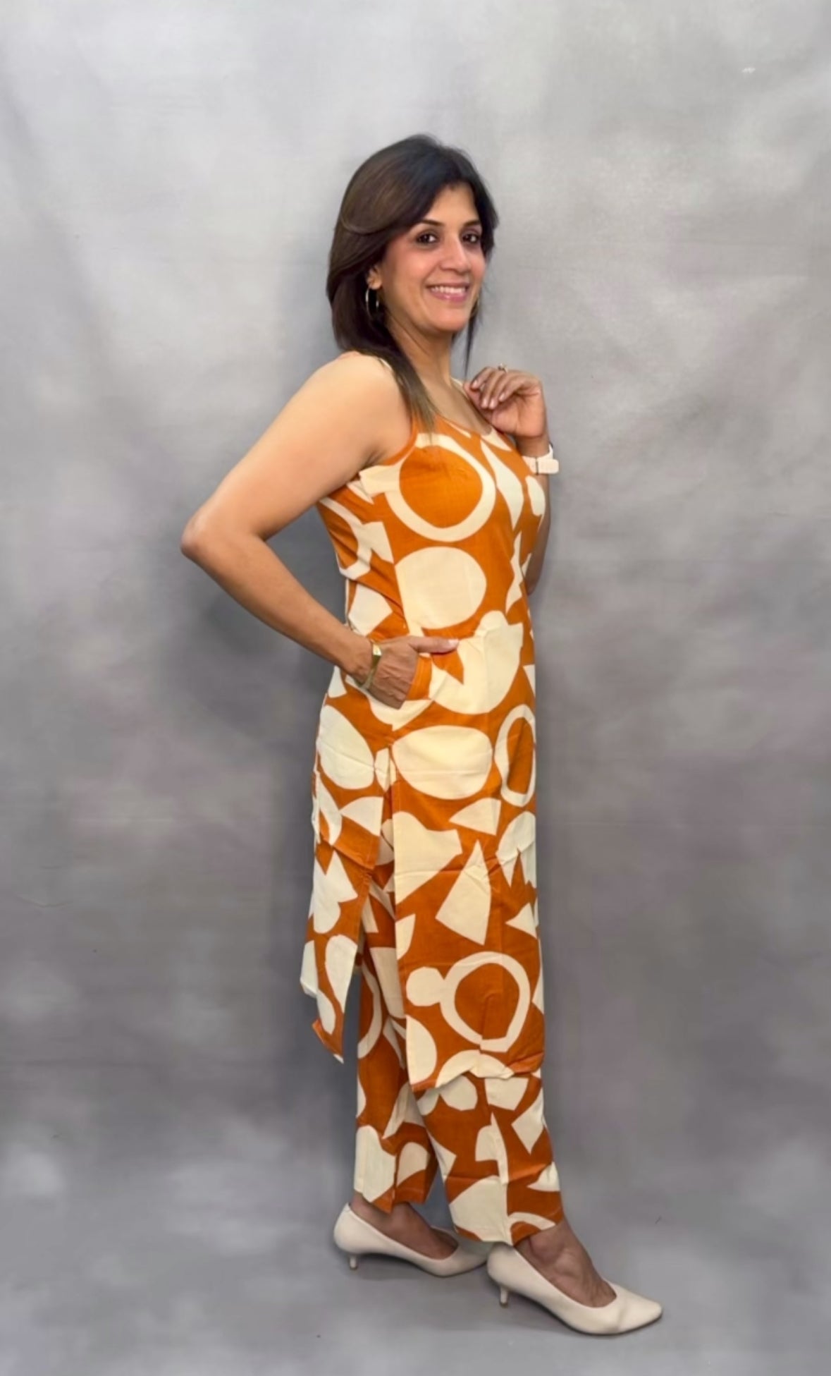 Spaghetti Kurta Pant Set with Adjustable Straps – Soft Cotton | Rust