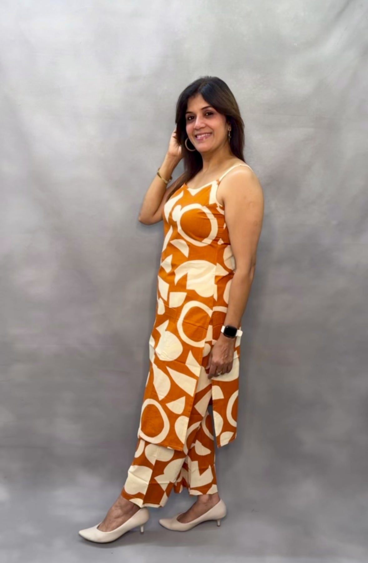 Spaghetti Kurta Pant Set with Adjustable Straps – Soft Cotton | Rust