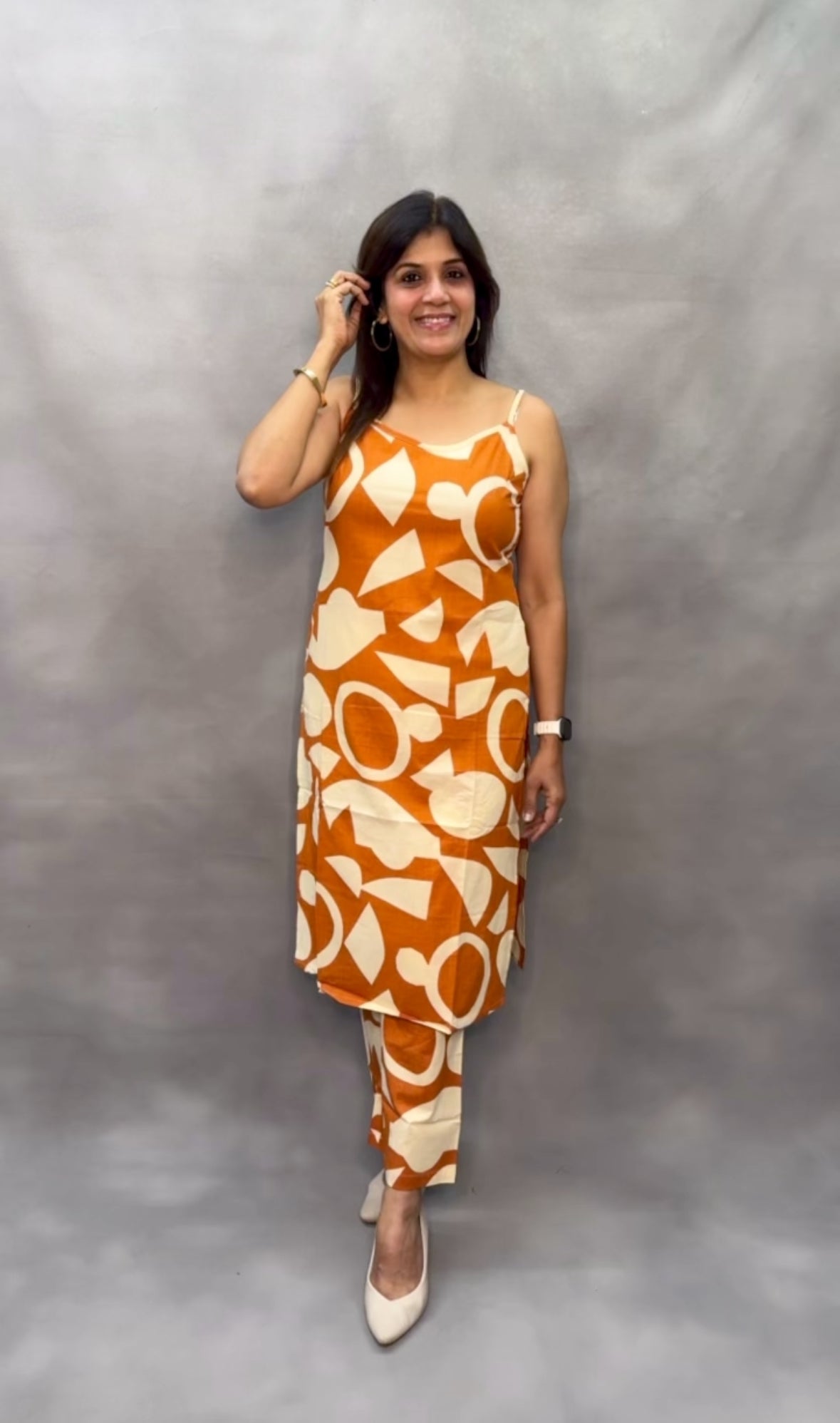 Spaghetti Kurta Pant Set with Adjustable Straps – Soft Cotton | Rust