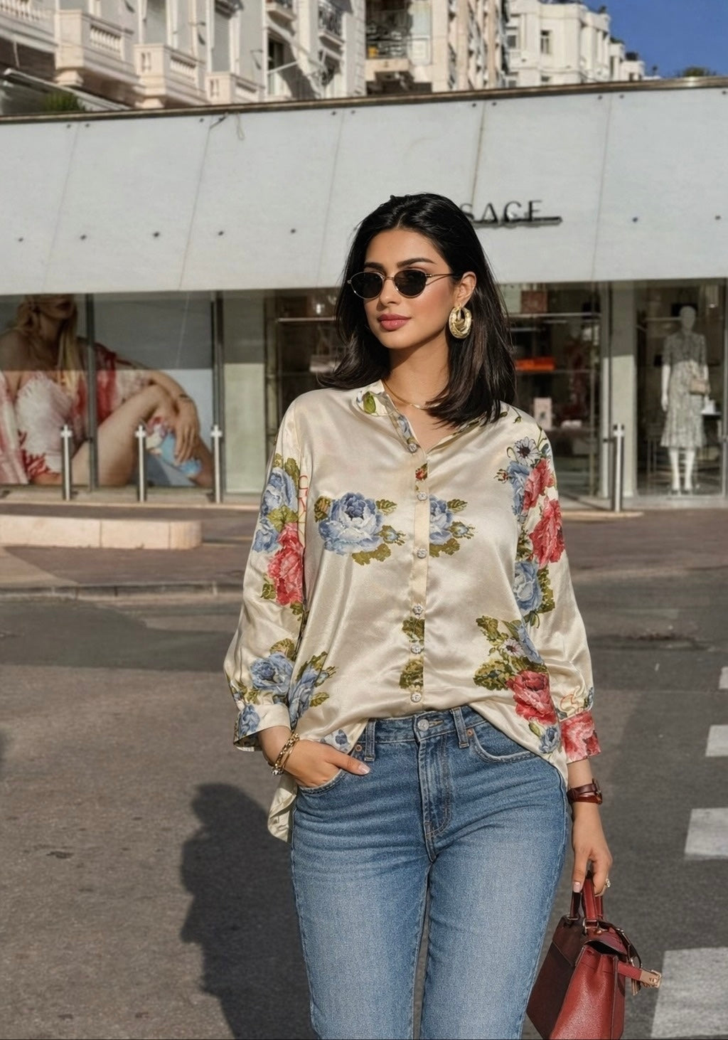 Cream Digital Floral Print Pure Crepe Shirt Tunic | Plus Size Elegant Indo-Western Top