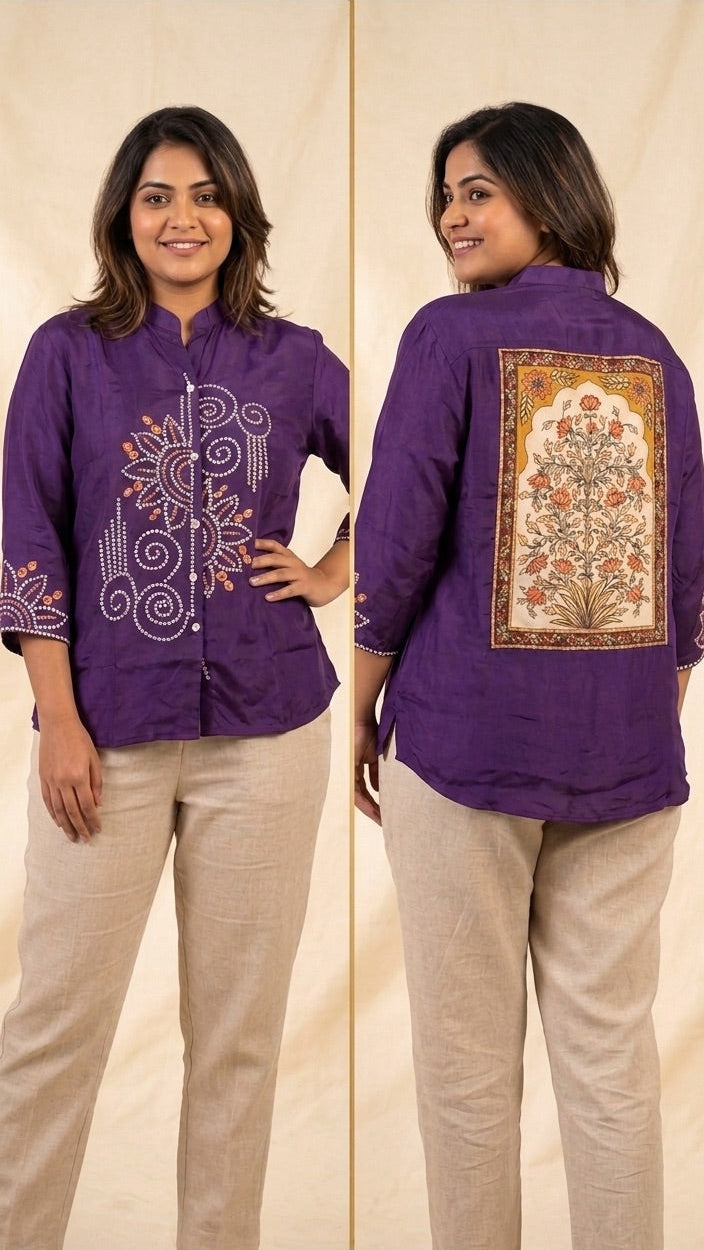 Purple Bandhani & Madhubani Print Crepe Shirt Tunic | Indo-Fusion Collared Top