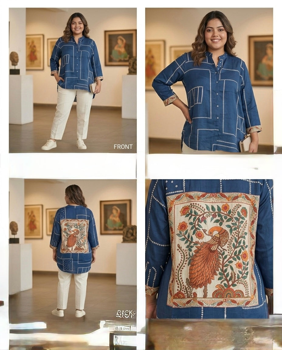 Blue Bandhani & Madhubani Print Crepe Shirt Tunic | Indo-Fusion Collared Top