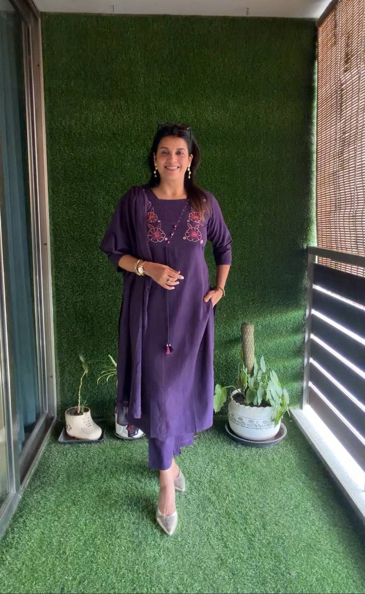 Purple Yoke Floral Embroidered Cotton Dupatta Set with Sequins | Plus-Size Ethnic Wear