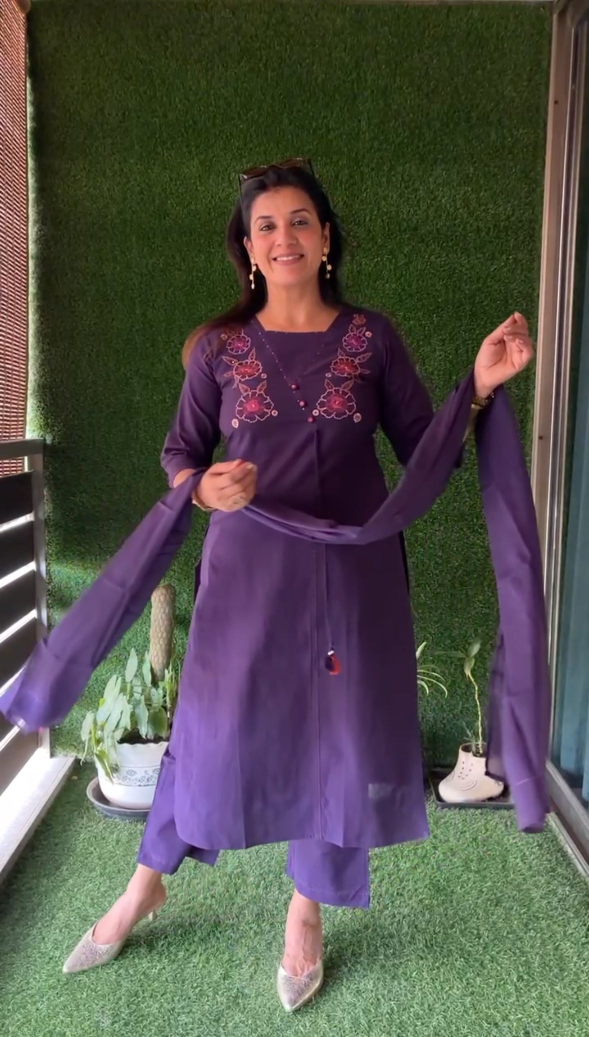 Purple Yoke Floral Embroidered Cotton Dupatta Set with Sequins | Plus-Size Ethnic Wear