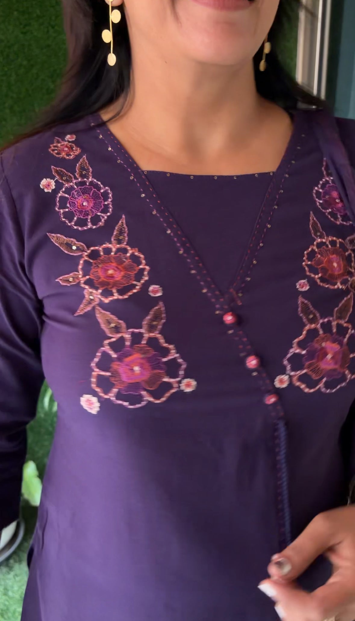 Purple Yoke Floral Embroidered Cotton Dupatta Set with Sequins | Plus-Size Ethnic Wear