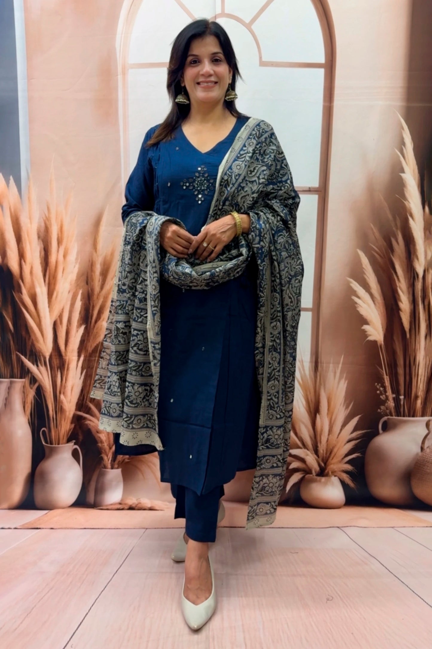 Navy Blue Cotton Kurta Dupatta Set | Mirror Work with Ajrakh Printed Dupatta