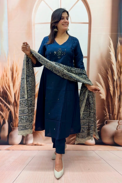 Navy Blue Cotton Kurta Dupatta Set | Mirror Work with Ajrakh Printed Dupatta