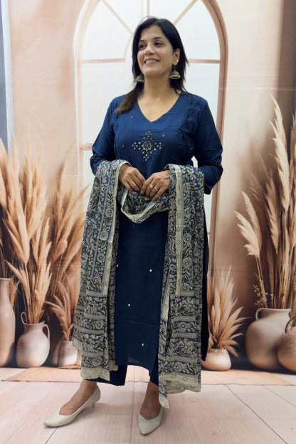 Navy Blue Cotton Kurta Dupatta Set | Mirror Work with Ajrakh Printed Dupatta