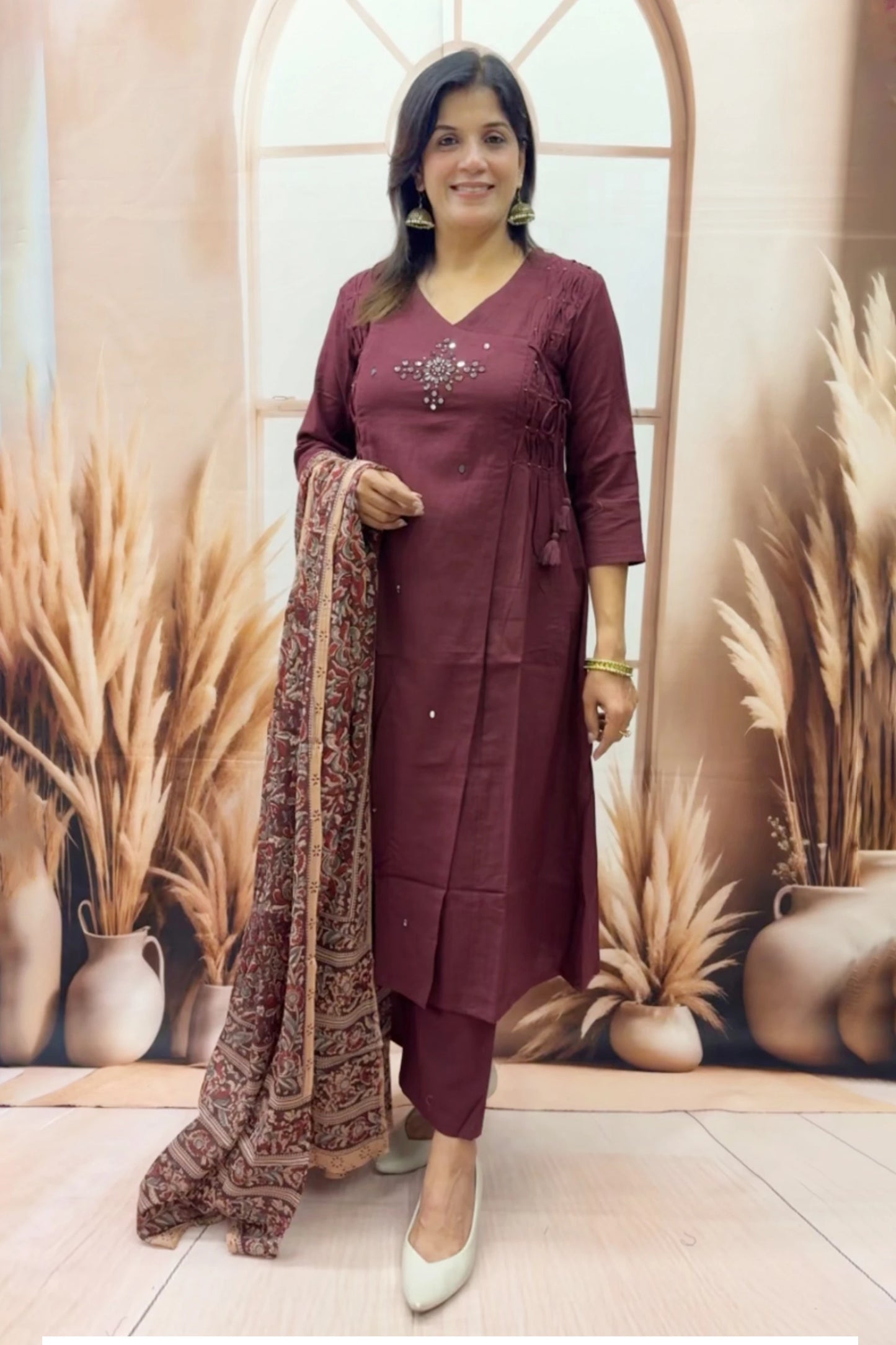 Mahogany Cotton Kurta Dupatta Set | Mirror Work with Ajrakh Printed Dupatta