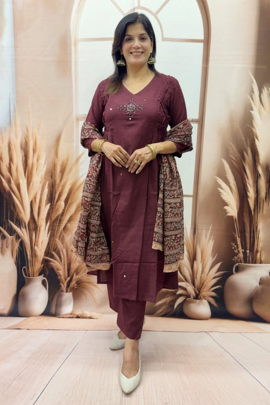 Mahogany Cotton Kurta Dupatta Set | Mirror Work with Ajrakh Printed Dupatta