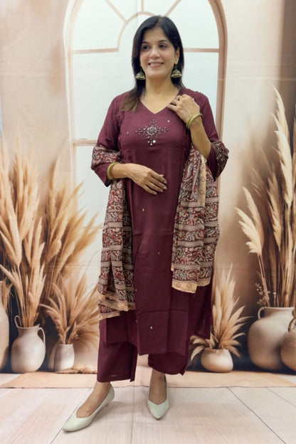 Mahogany Cotton Kurta Dupatta Set | Mirror Work with Ajrakh Printed Dupatta