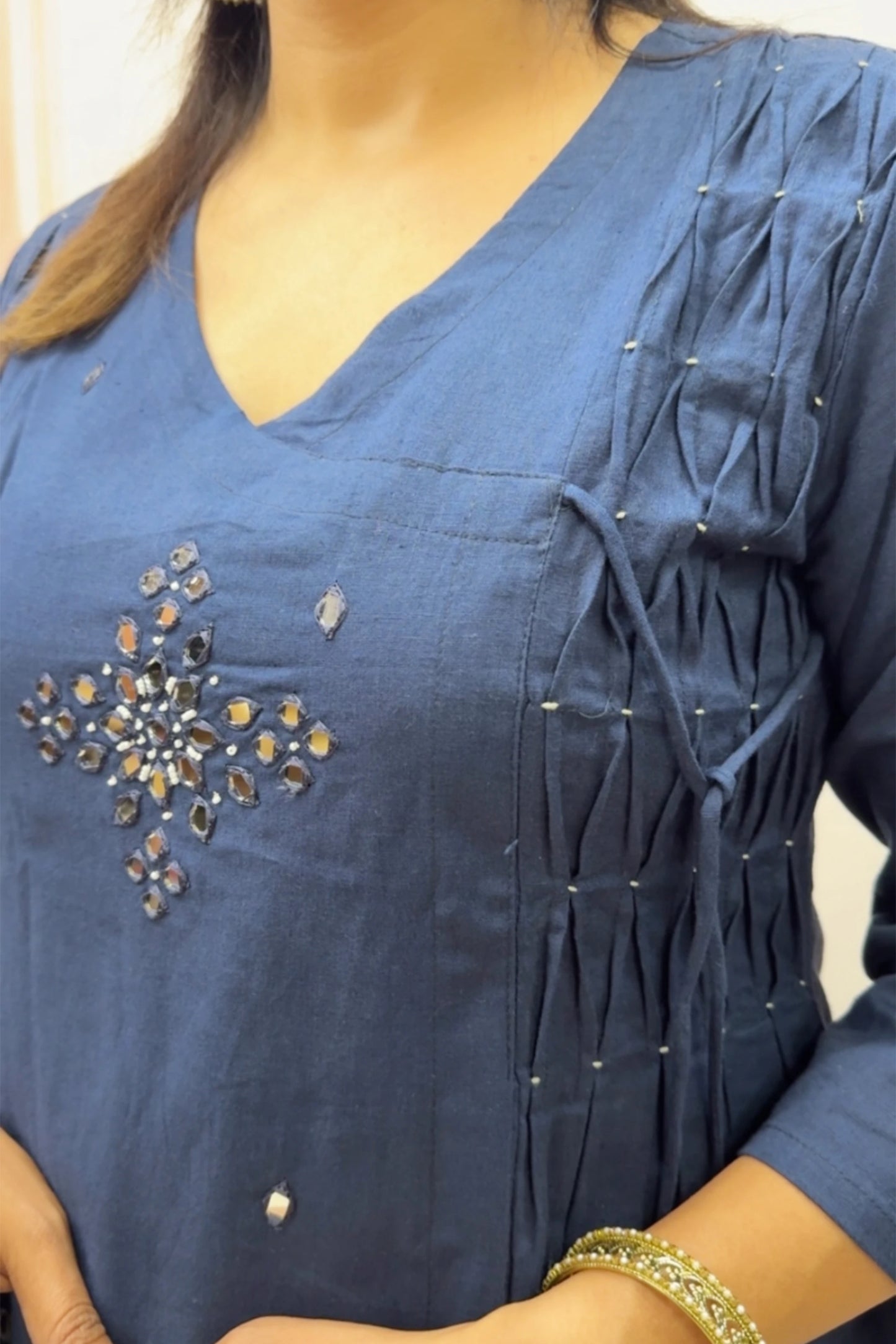 Navy Blue Cotton Kurta Dupatta Set | Mirror Work with Ajrakh Printed Dupatta