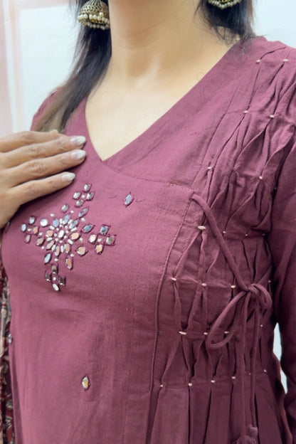 Mahogany Cotton Kurta Dupatta Set | Mirror Work with Ajrakh Printed Dupatta