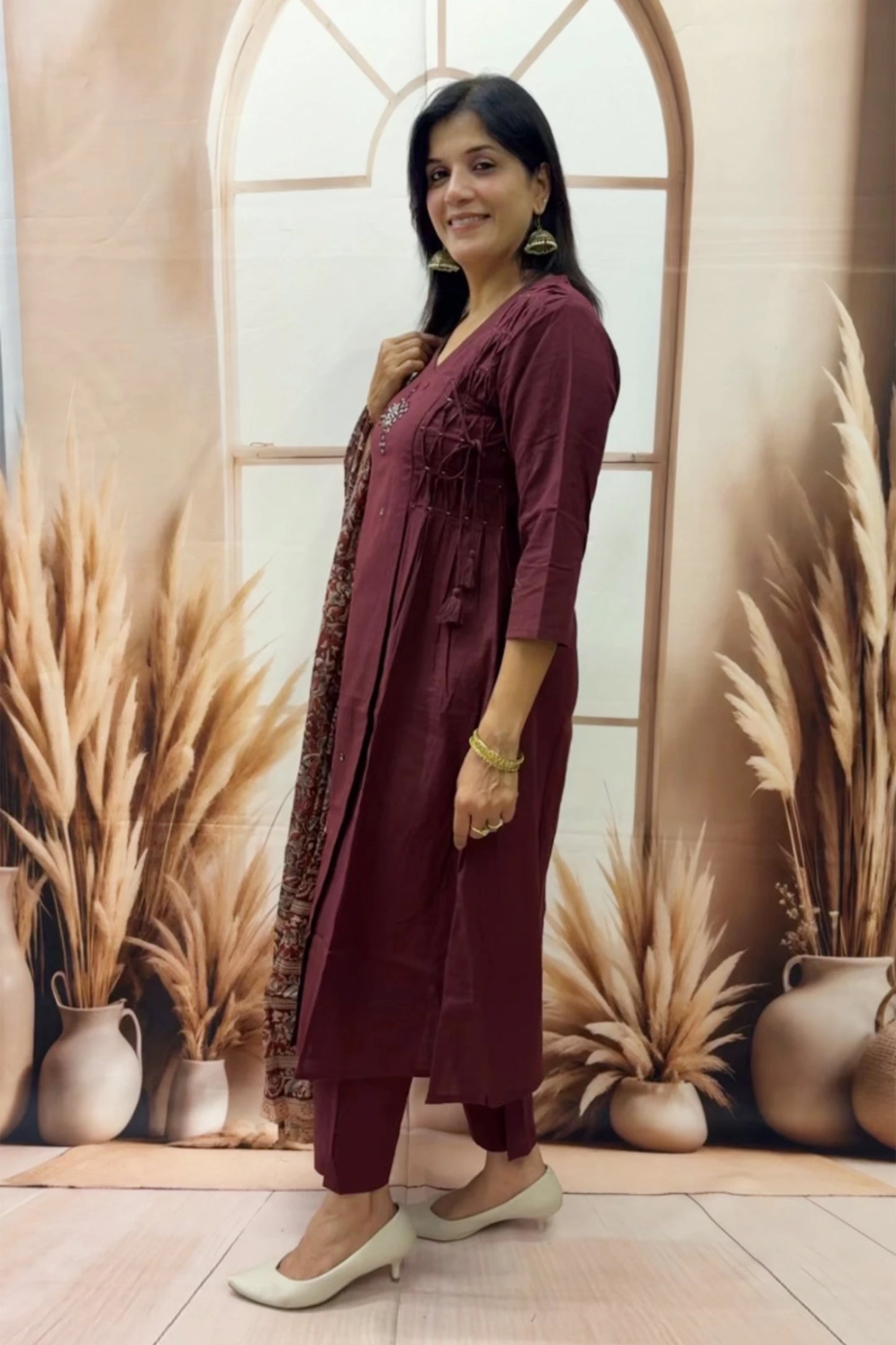 Mahogany Cotton Kurta Dupatta Set | Mirror Work with Ajrakh Printed Dupatta