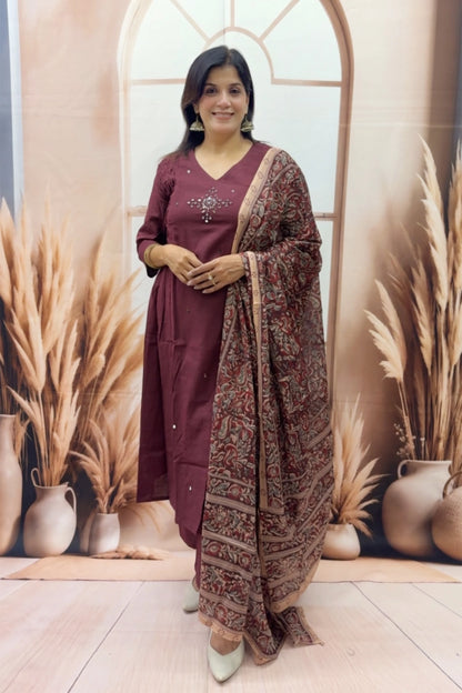 Mahogany Cotton Kurta Dupatta Set | Mirror Work with Ajrakh Printed Dupatta