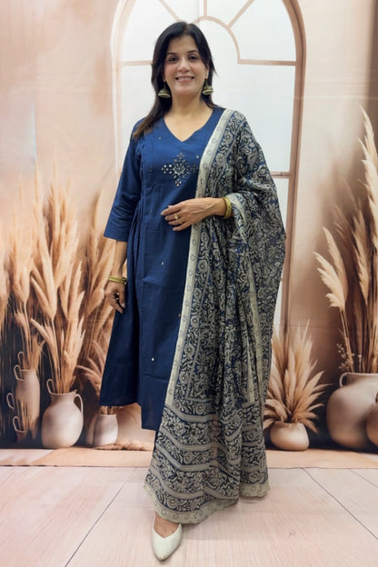 Navy Blue Cotton Kurta Dupatta Set | Mirror Work with Ajrakh Printed Dupatta