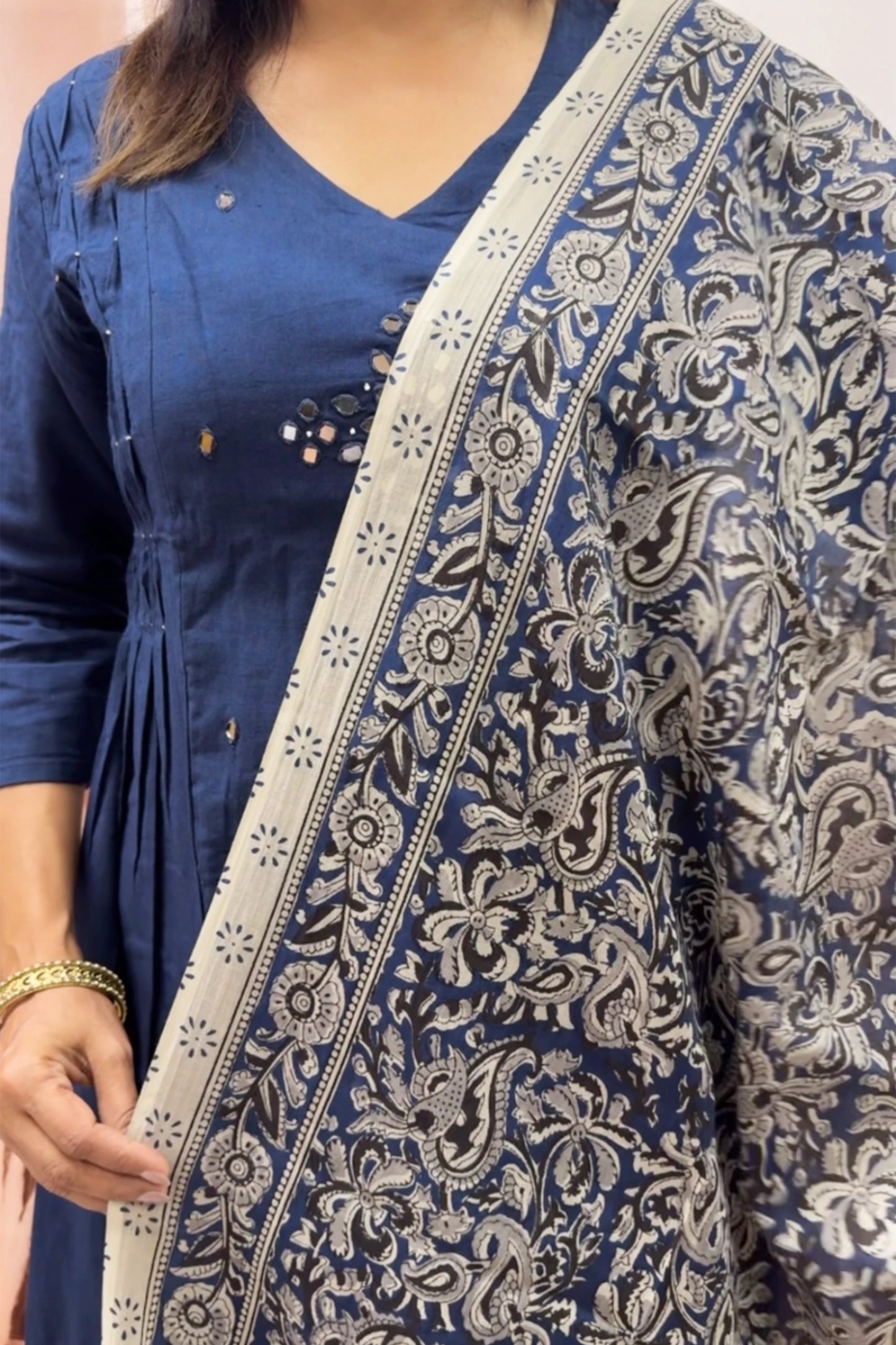 Navy Blue Cotton Kurta Dupatta Set | Mirror Work with Ajrakh Printed Dupatta