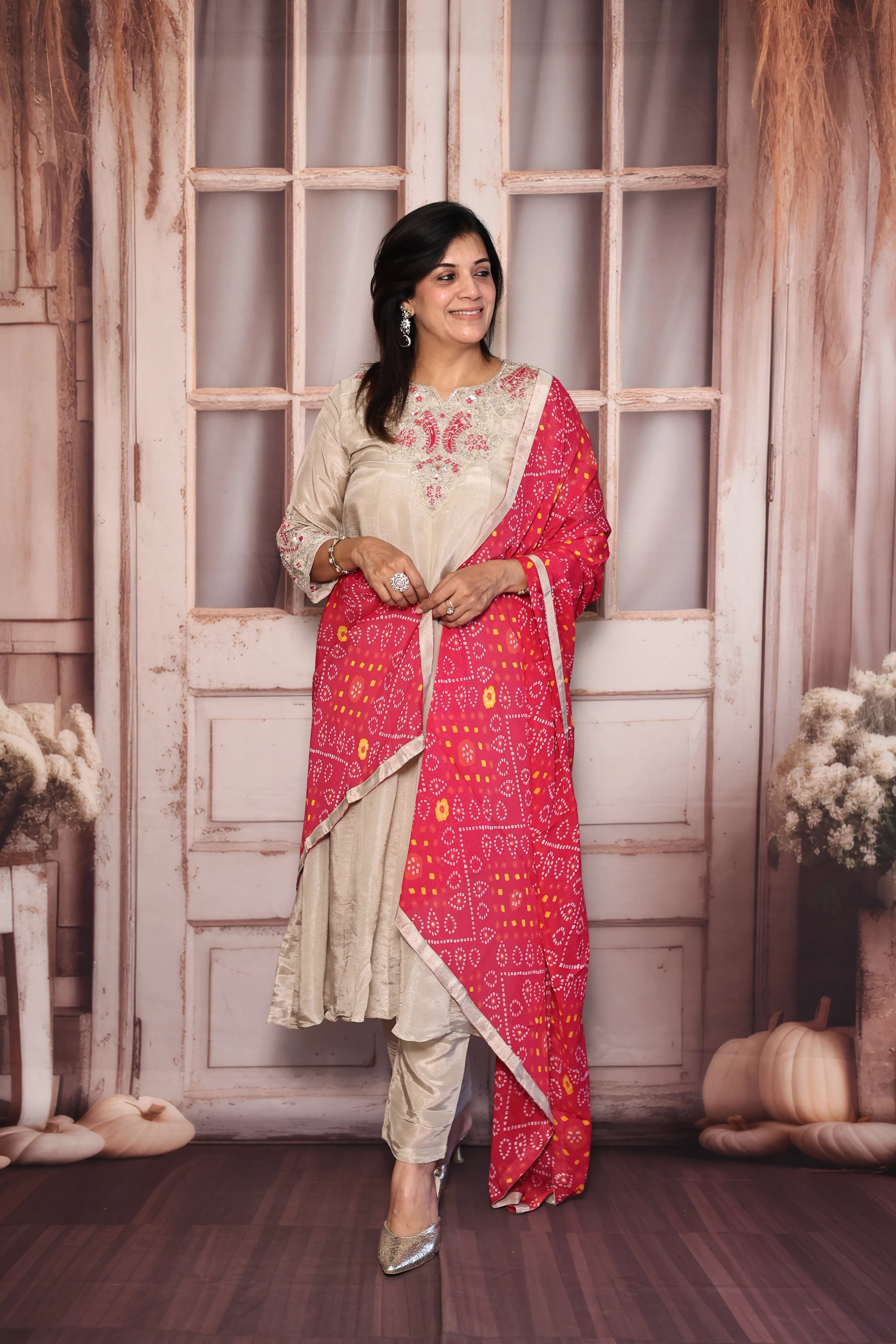 Beige & Rani A-Line Kurta Bandhej Print Dupatta Set | Pearl & Sequins Work Premium Tissue Ensemble