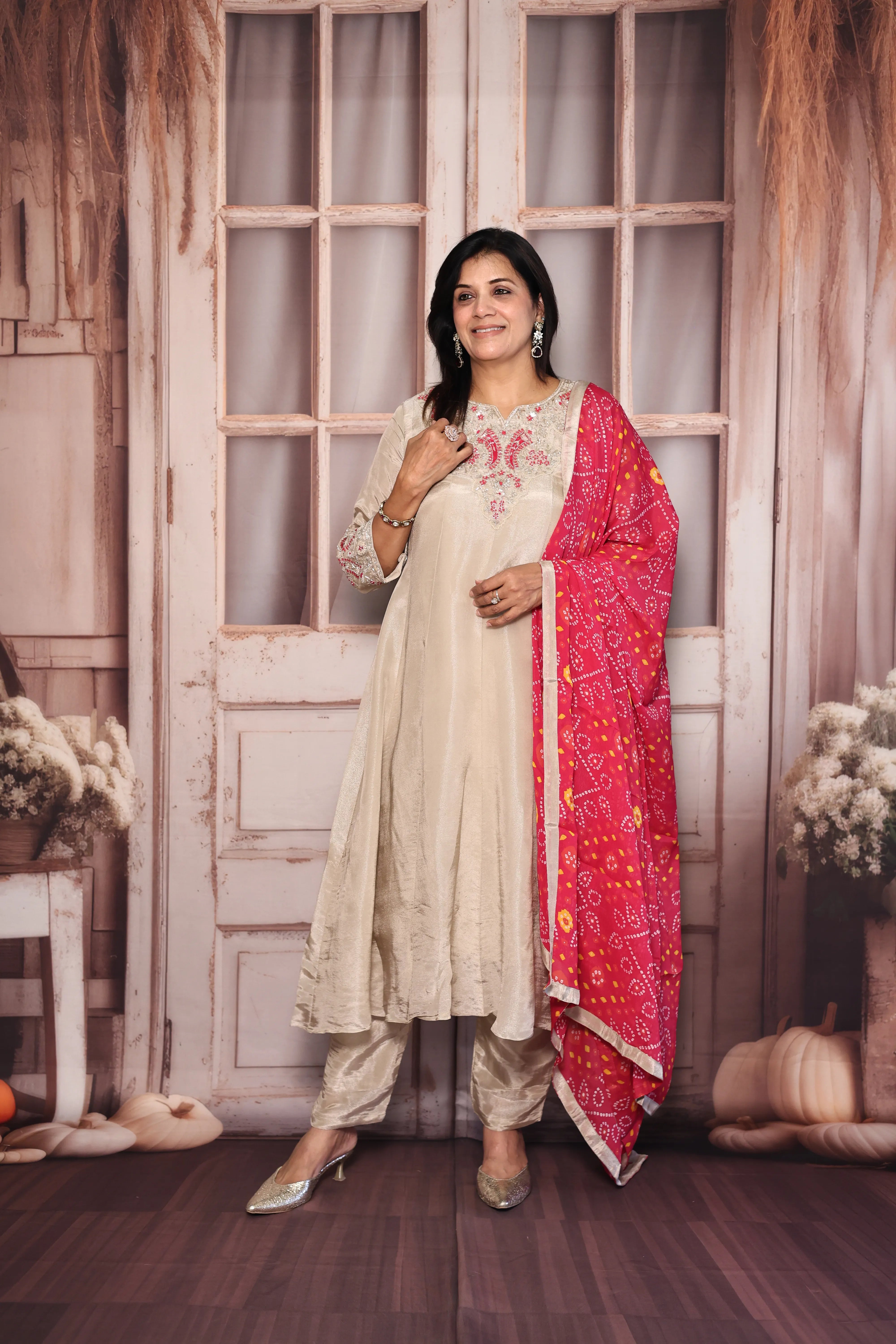 Beige & Rani A-Line Kurta Bandhej Print Dupatta Set | Pearl & Sequins Work Premium Tissue Ensemble